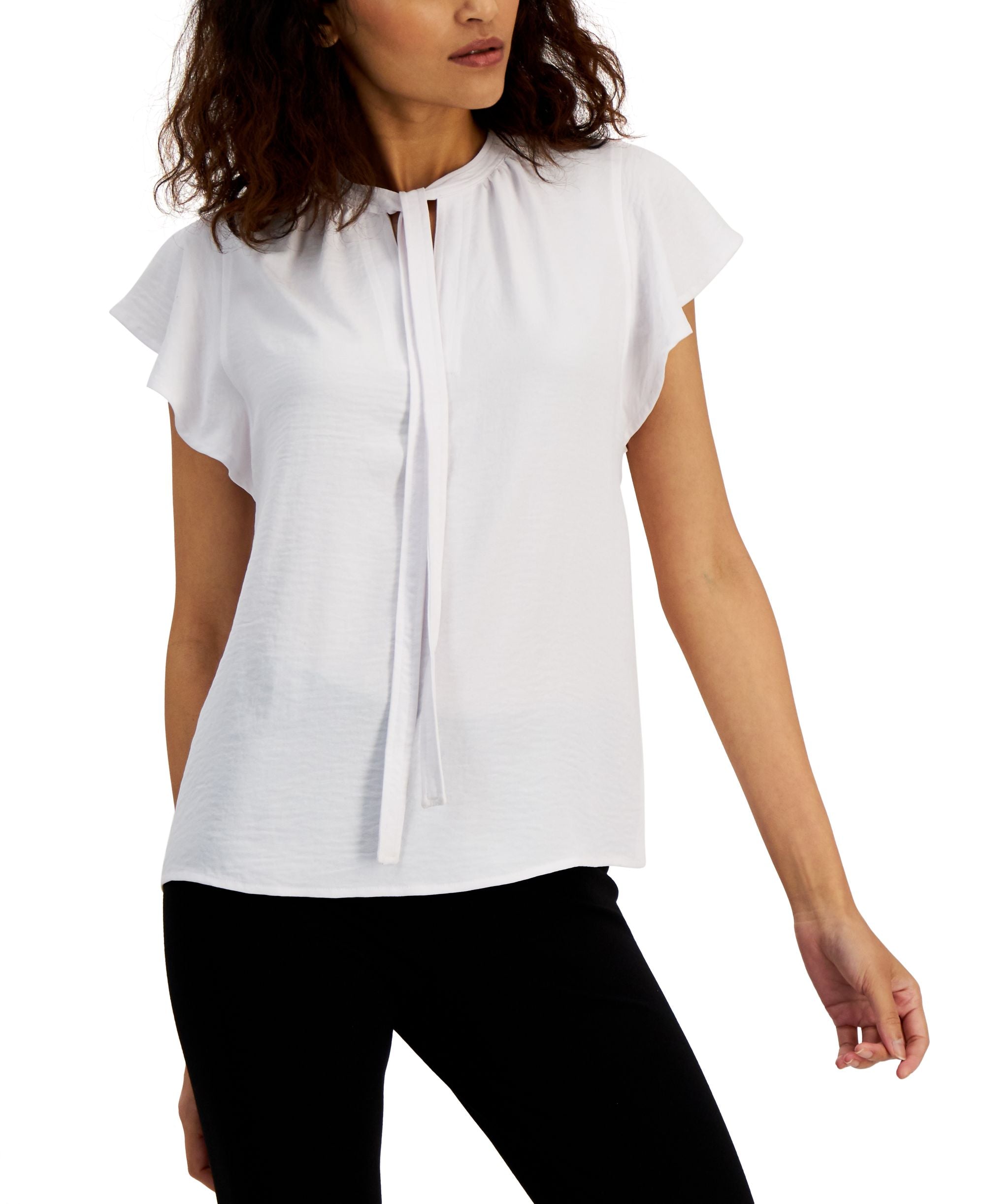 Alfani Womens Tie Neck Flutter-Sleeve Premium Top