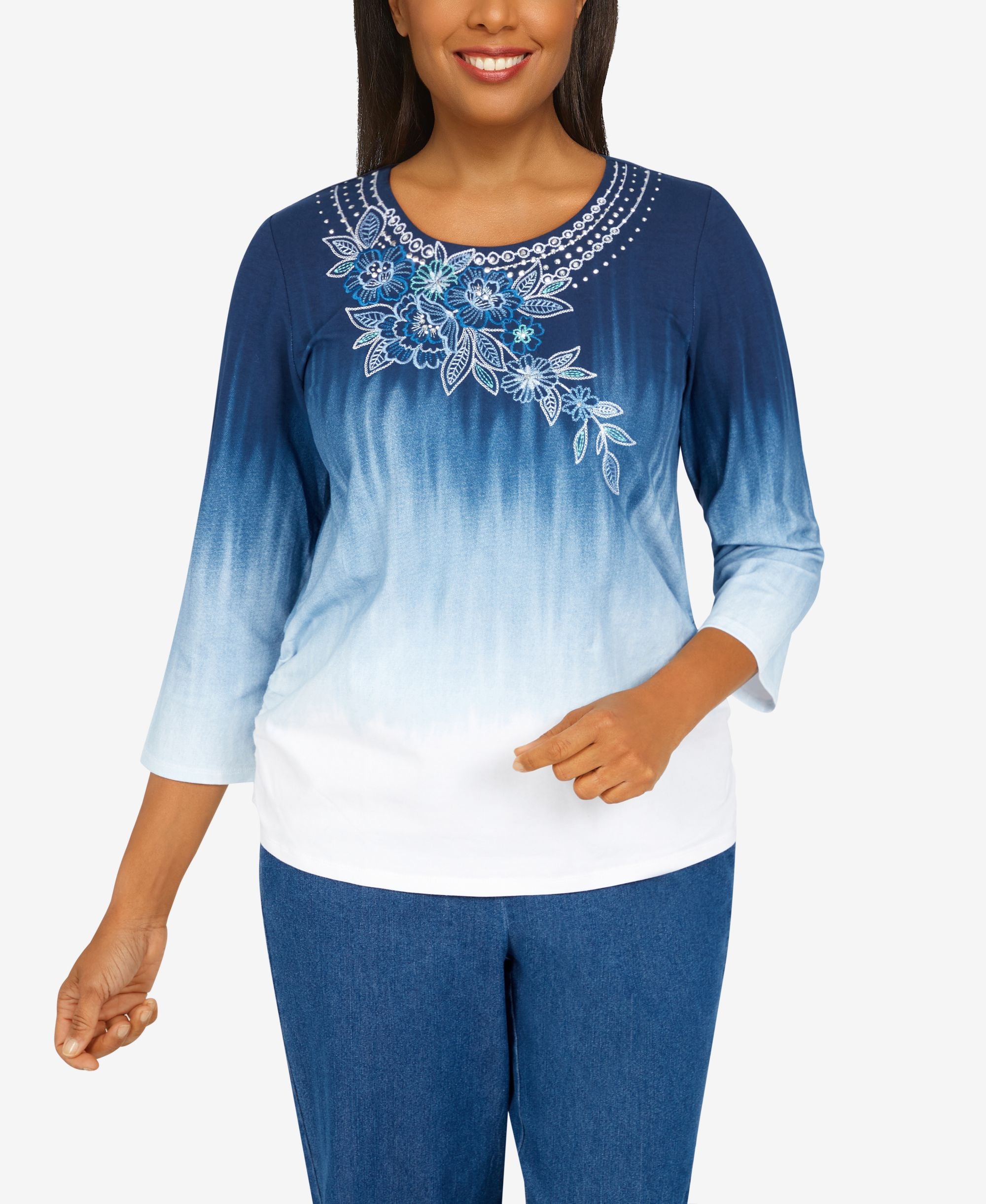 Missy Womens Boho Vibes Floral Yoke Ombre Premium Top