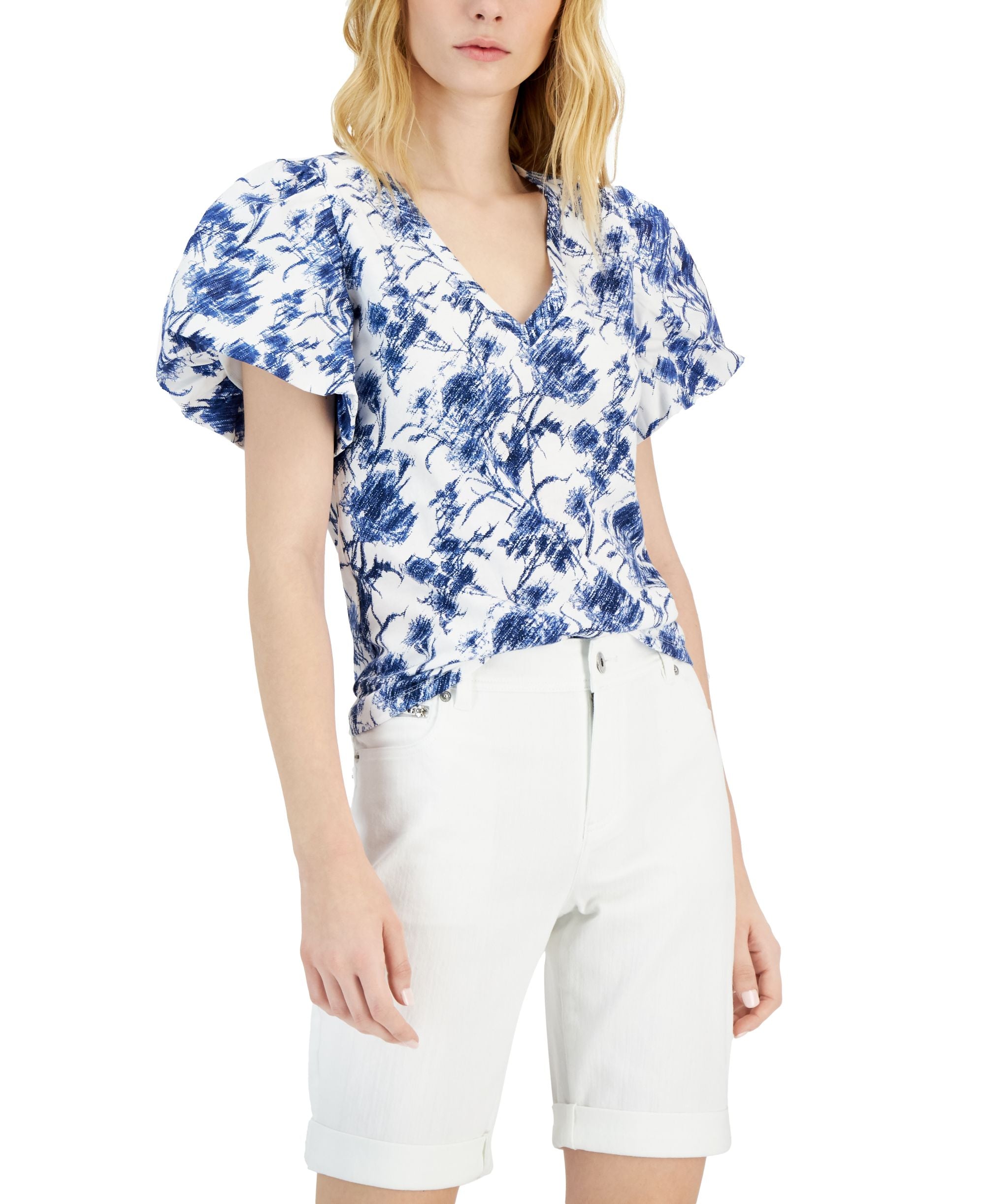INC International Concepts Womens Printed Puff-Sleeve Premium Top