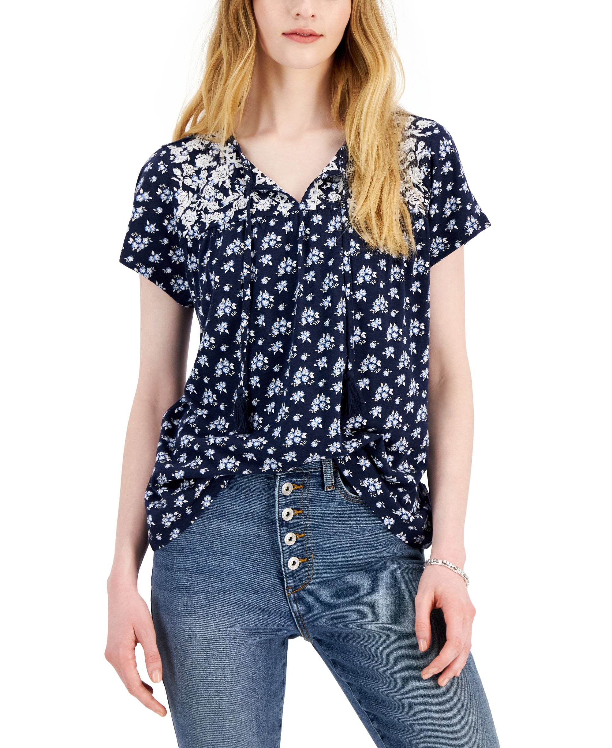 Women's Printed Embroidered Tassel-Tie Premium Top