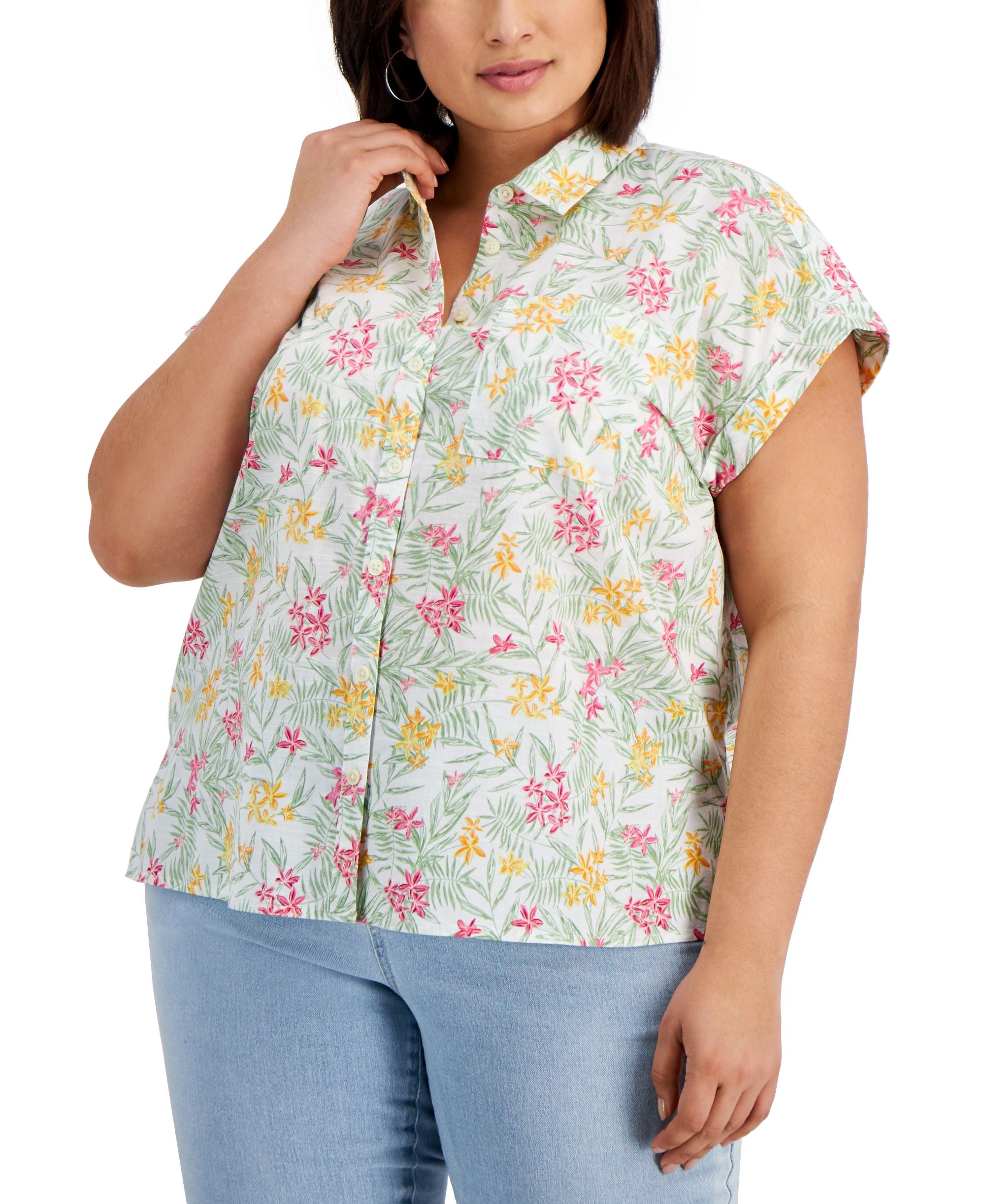 Style & Co Plus Size Printed Cotton Camp Modern Shirt