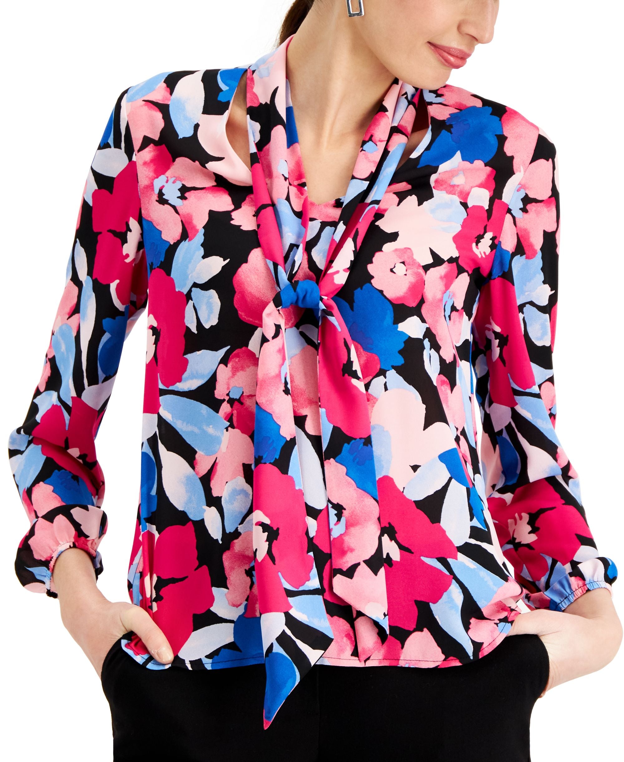 Kasper Petite Floral Print Bow Signature Blouse