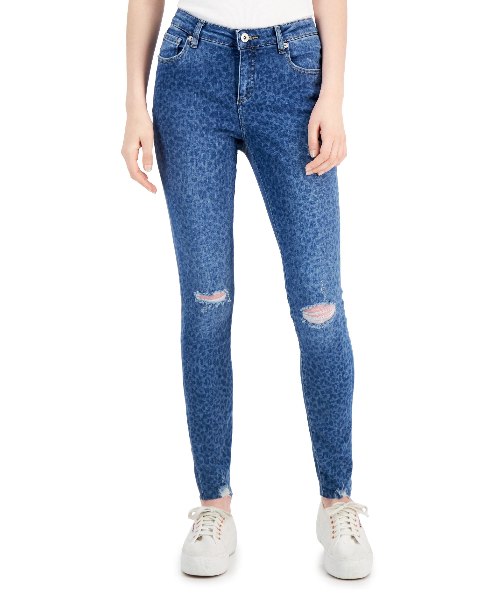 INC International Concepts Womens Mid Rise Ripped Leopard Print Skinny-Fit Premium Jeans