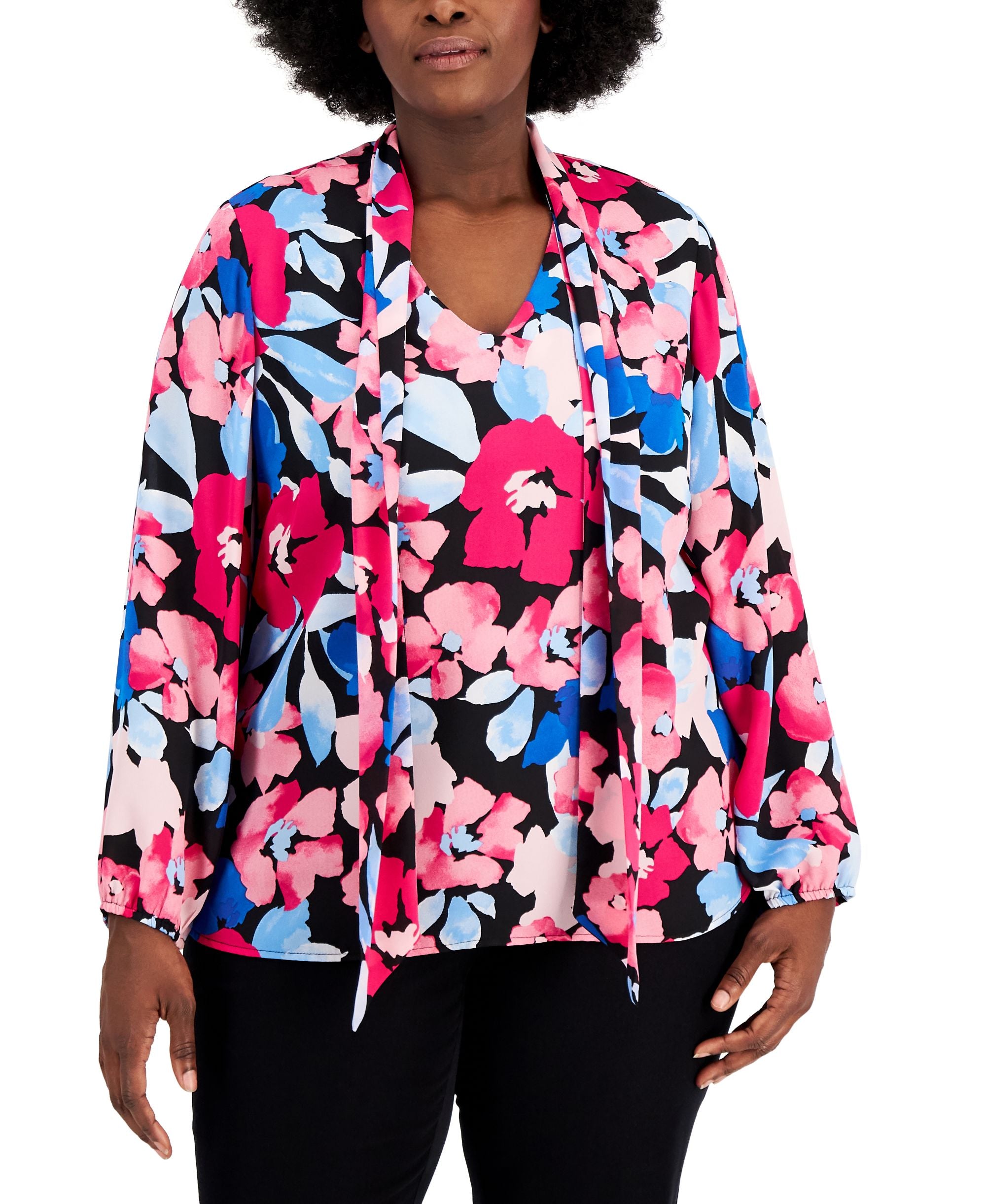 Kasper Plus Size Printed Tie Neck Premium Top
