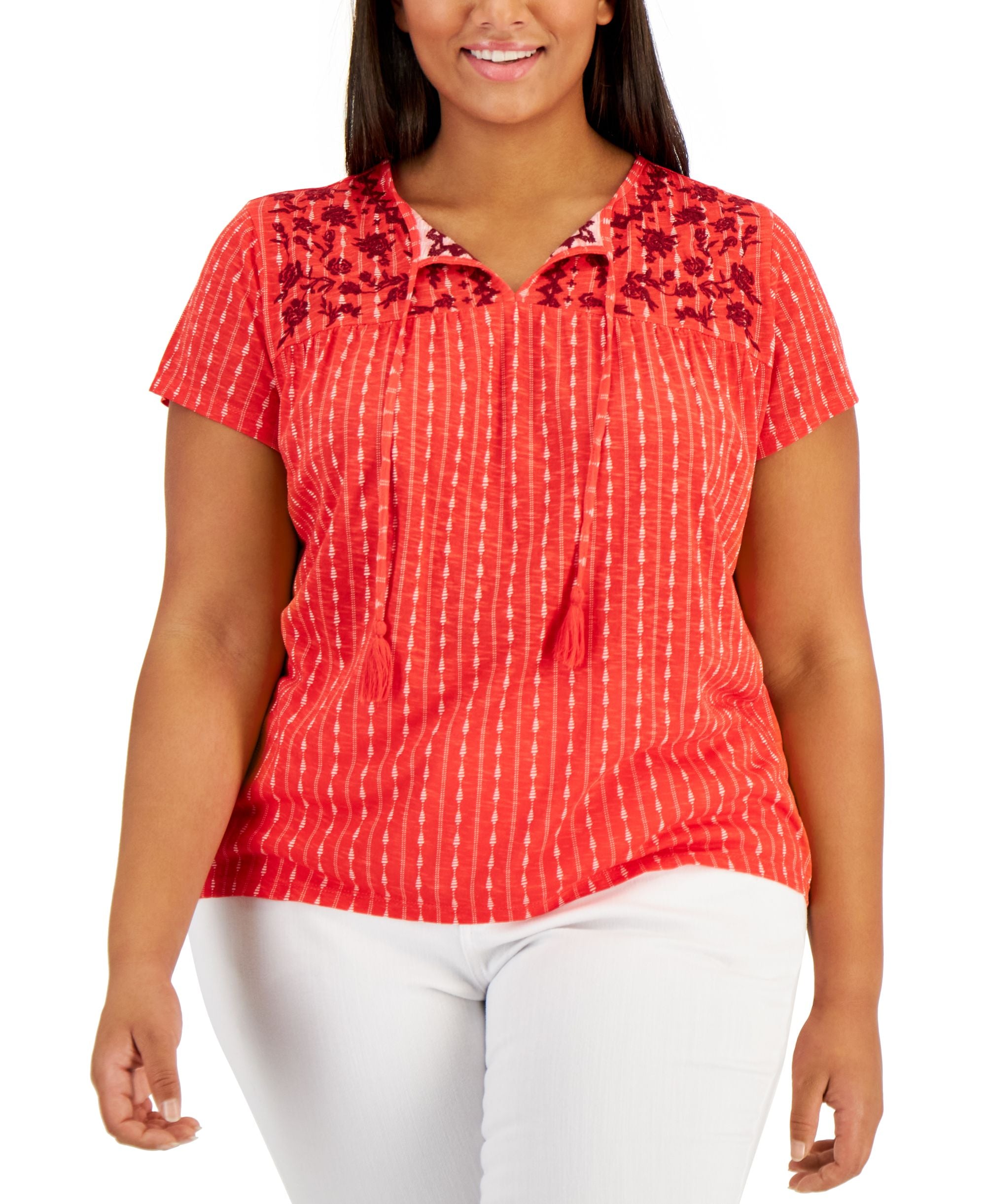 Style & Co Plus Size Split Neck Embroidered Premium Top
