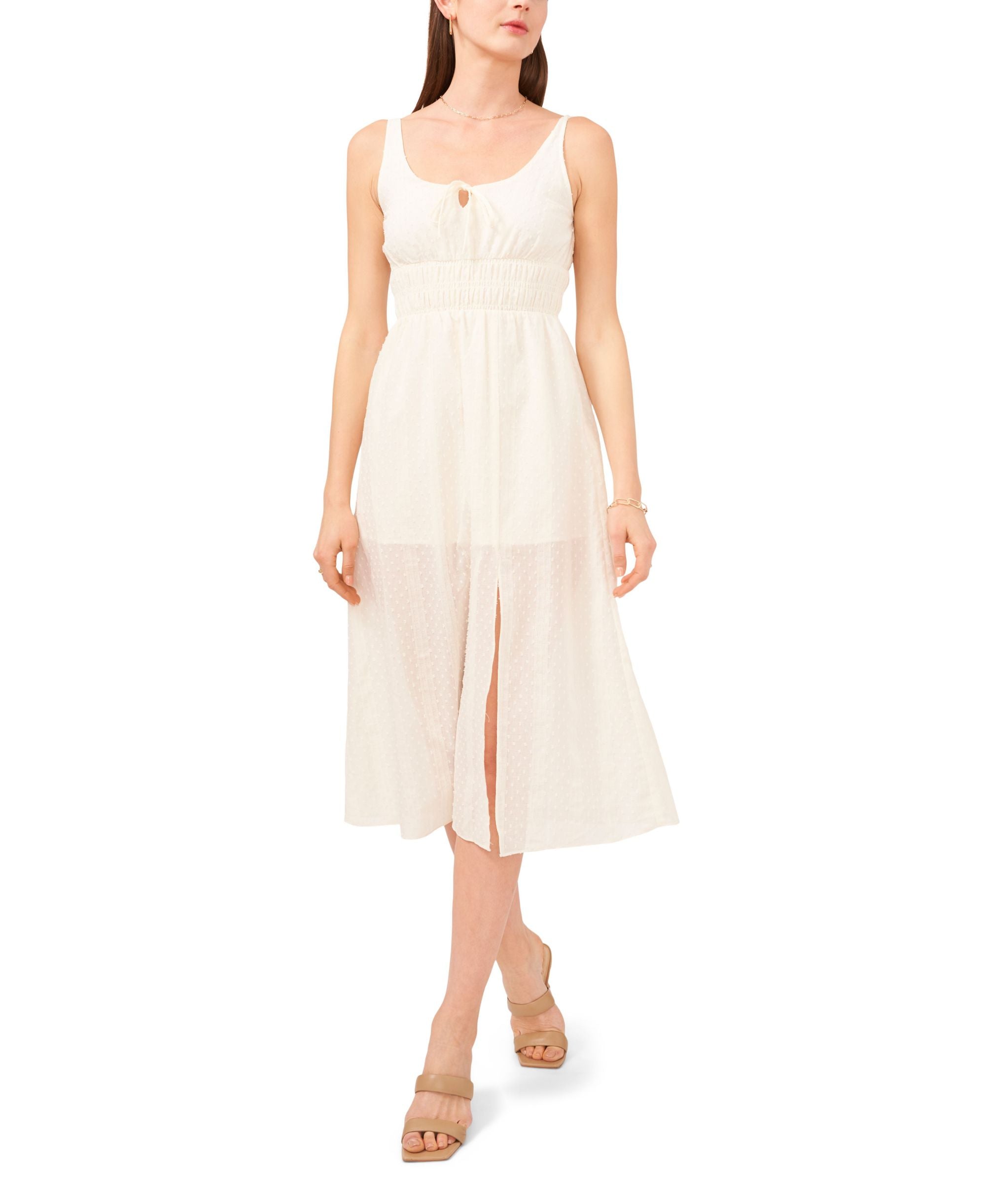 1.State Sleeveless Tie Neck Smocked Waist Detail Dress