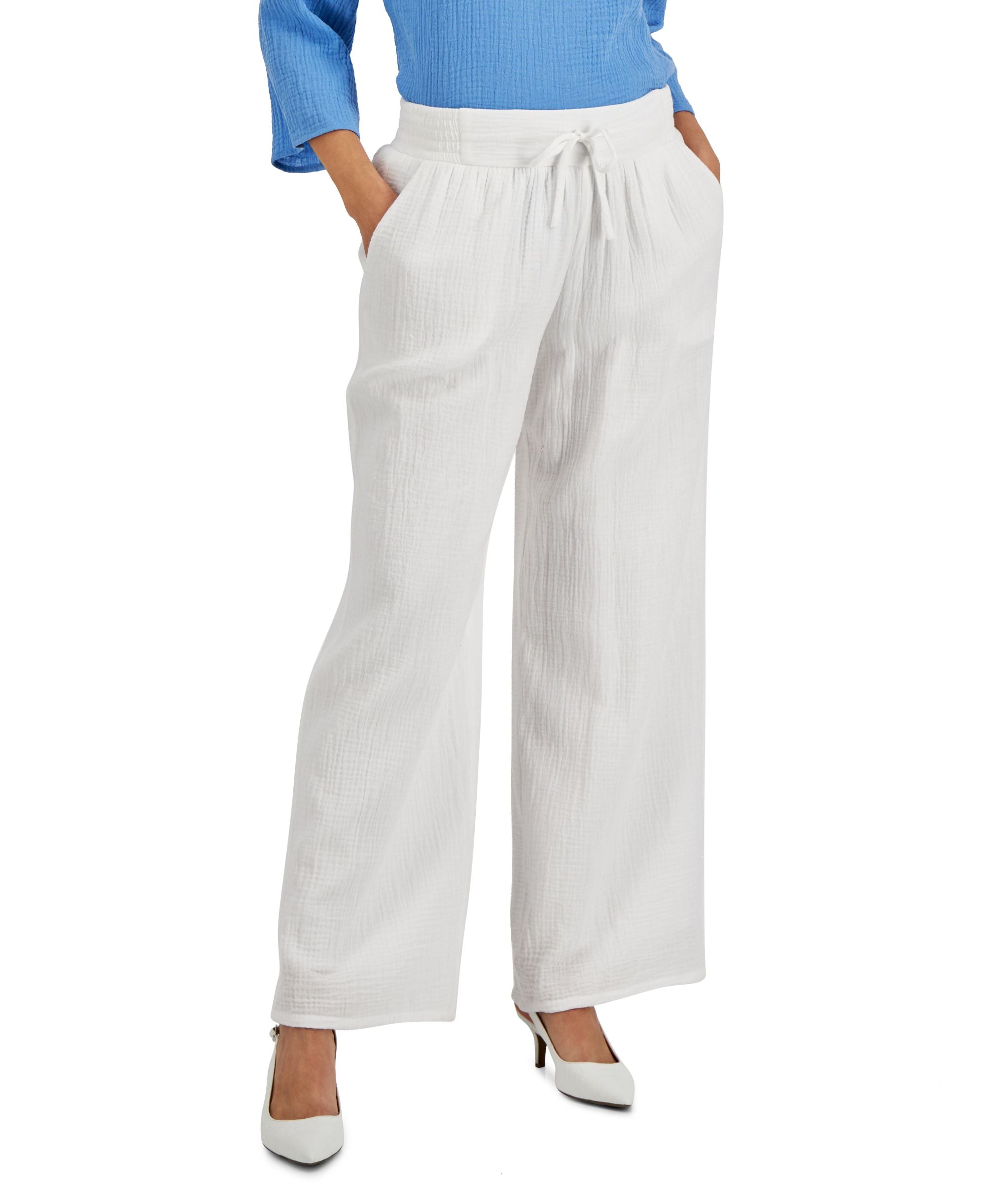 JM Collection Petite Cotton Gauze Wide-Leg Signature Pants