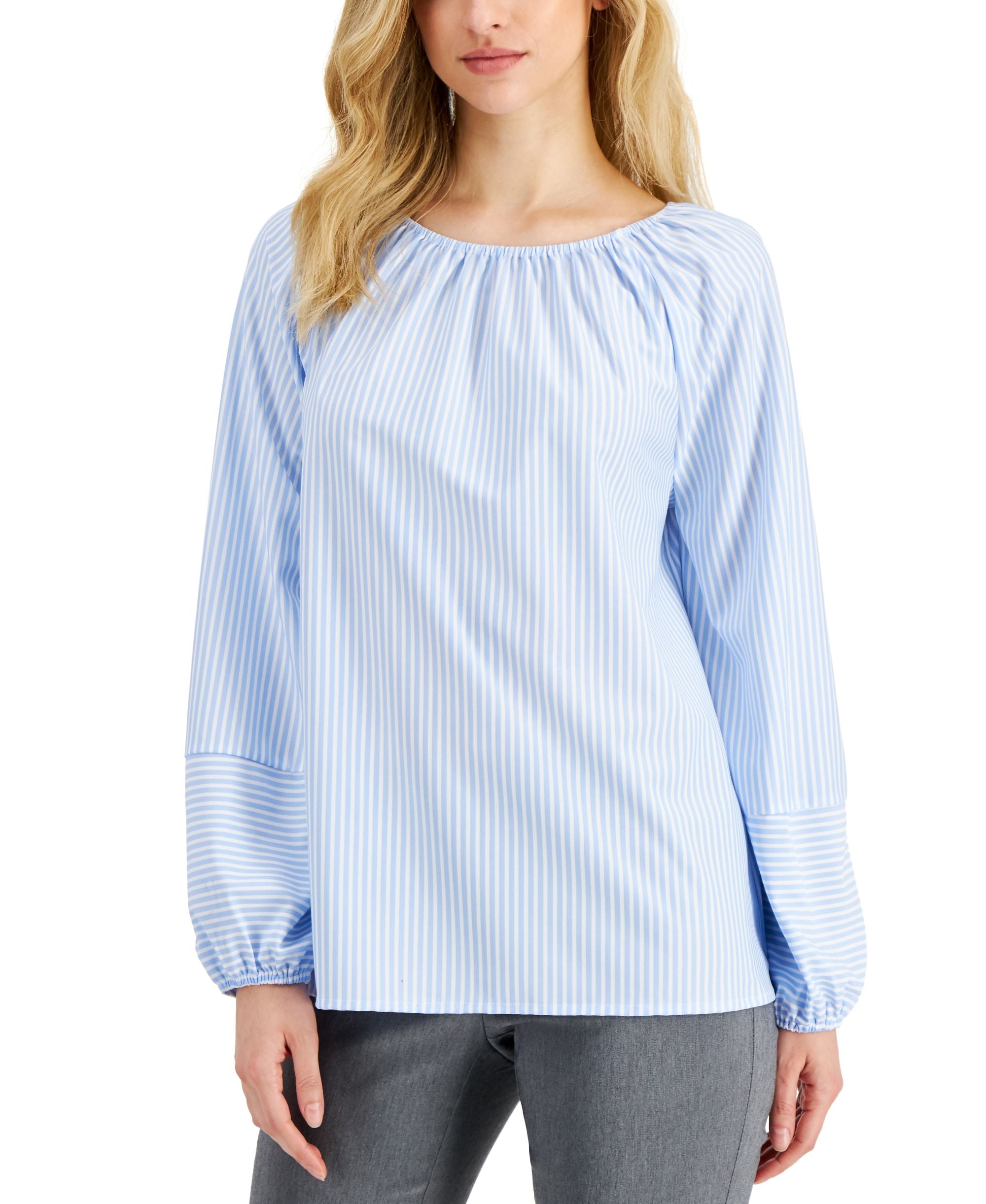 Alfani Striped Volume Sleeve Crewneck Premium Top