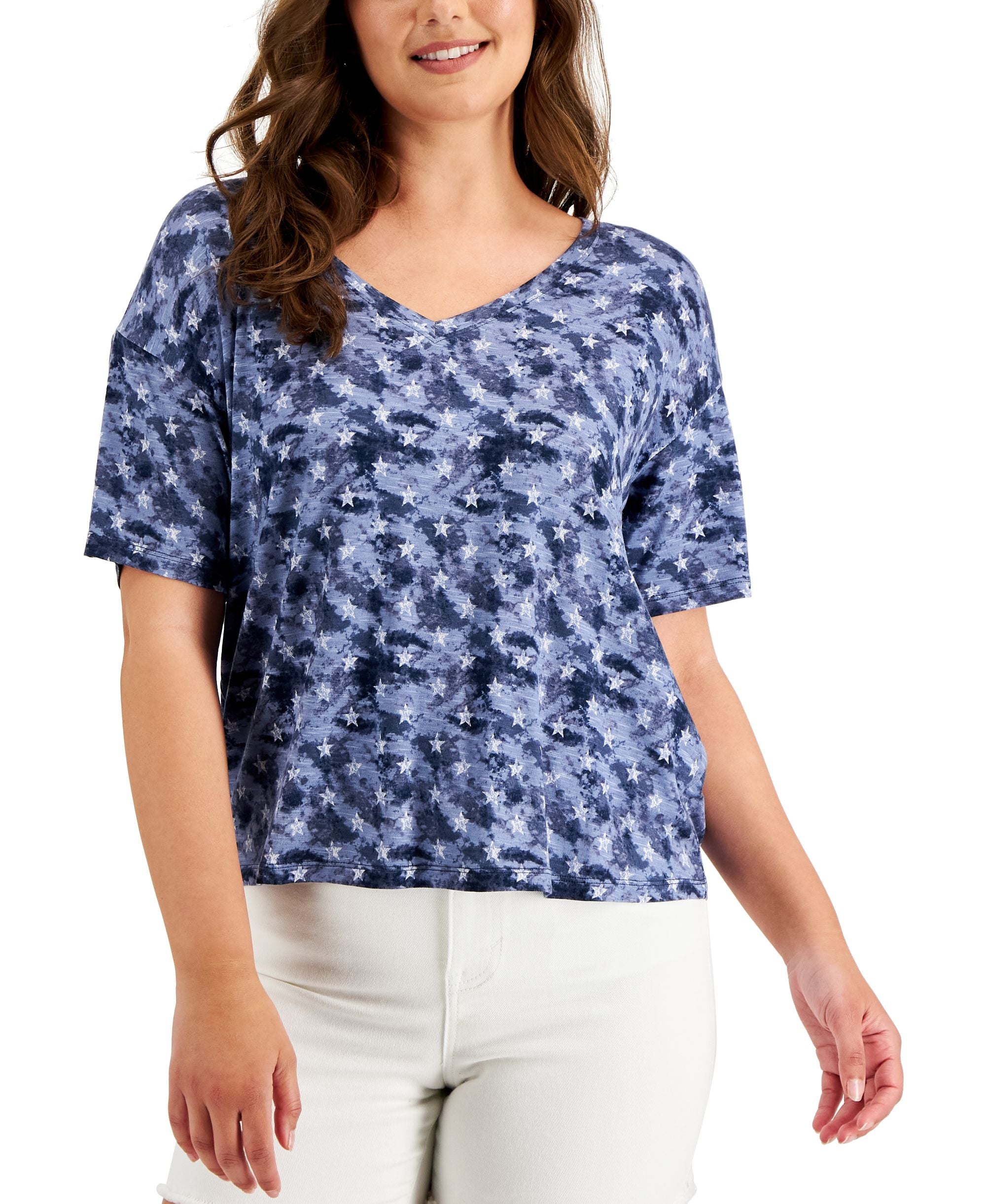 Style & Co Womens Printed Drop Shoulder T-Modern Shirt