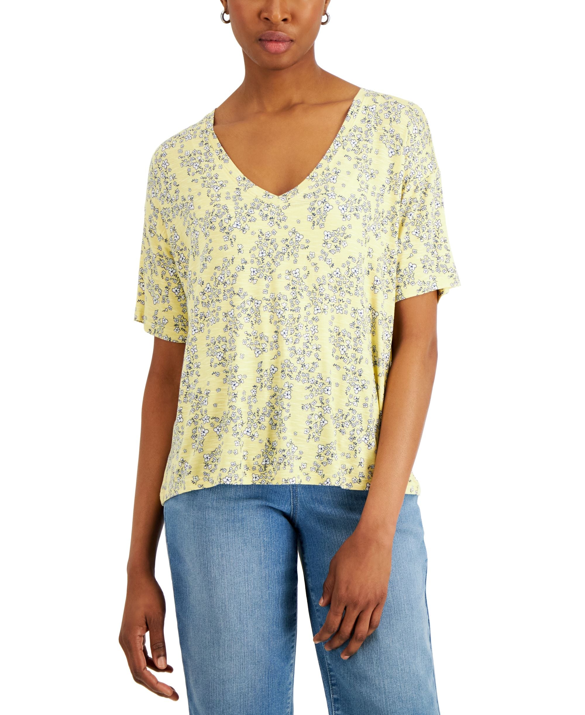 Style & Co Womens Drop Shoulder Floral Print T-Modern Shirt
