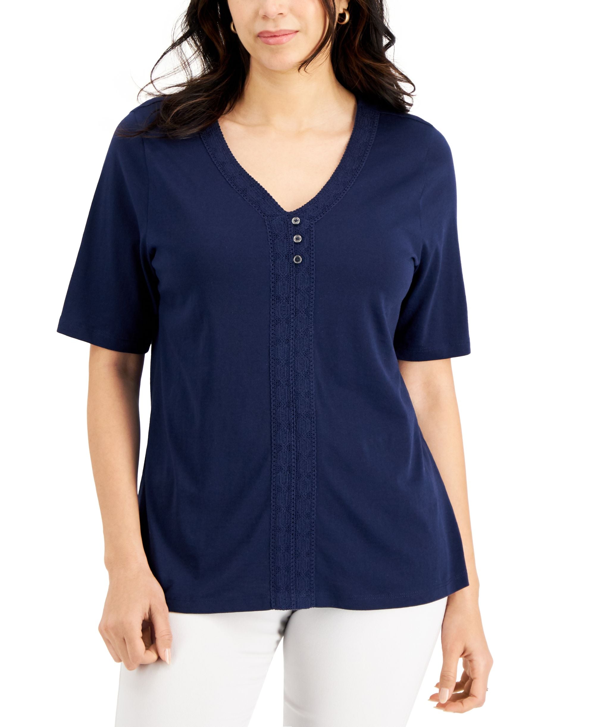 Karen Scott Crochet Trim Premium Top