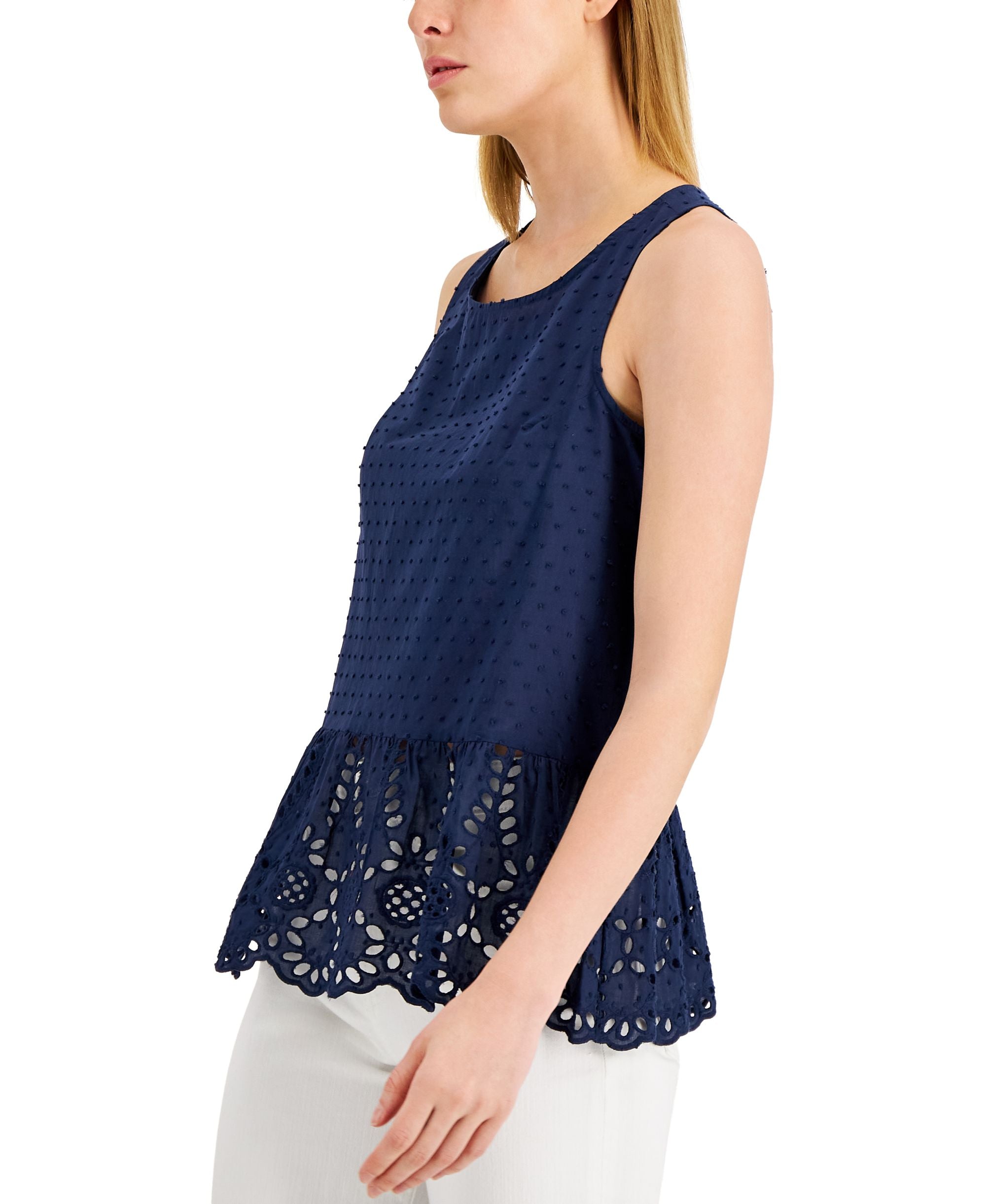Adyson Parker Womens Sleeveless Eyelet Peplum Premium Top