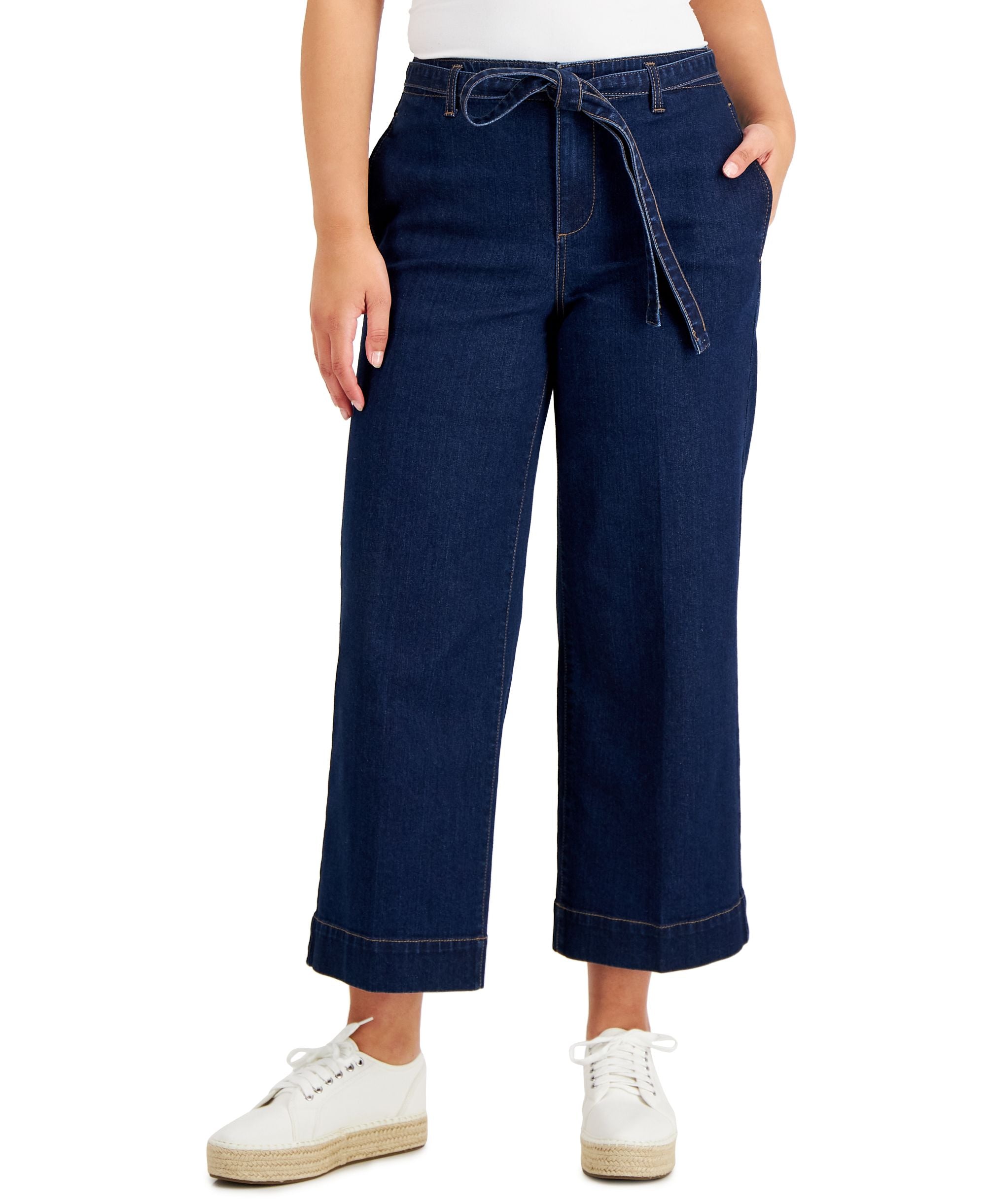 Charter Club Womens Belted Wide-Leg Cropped Premium Jeans