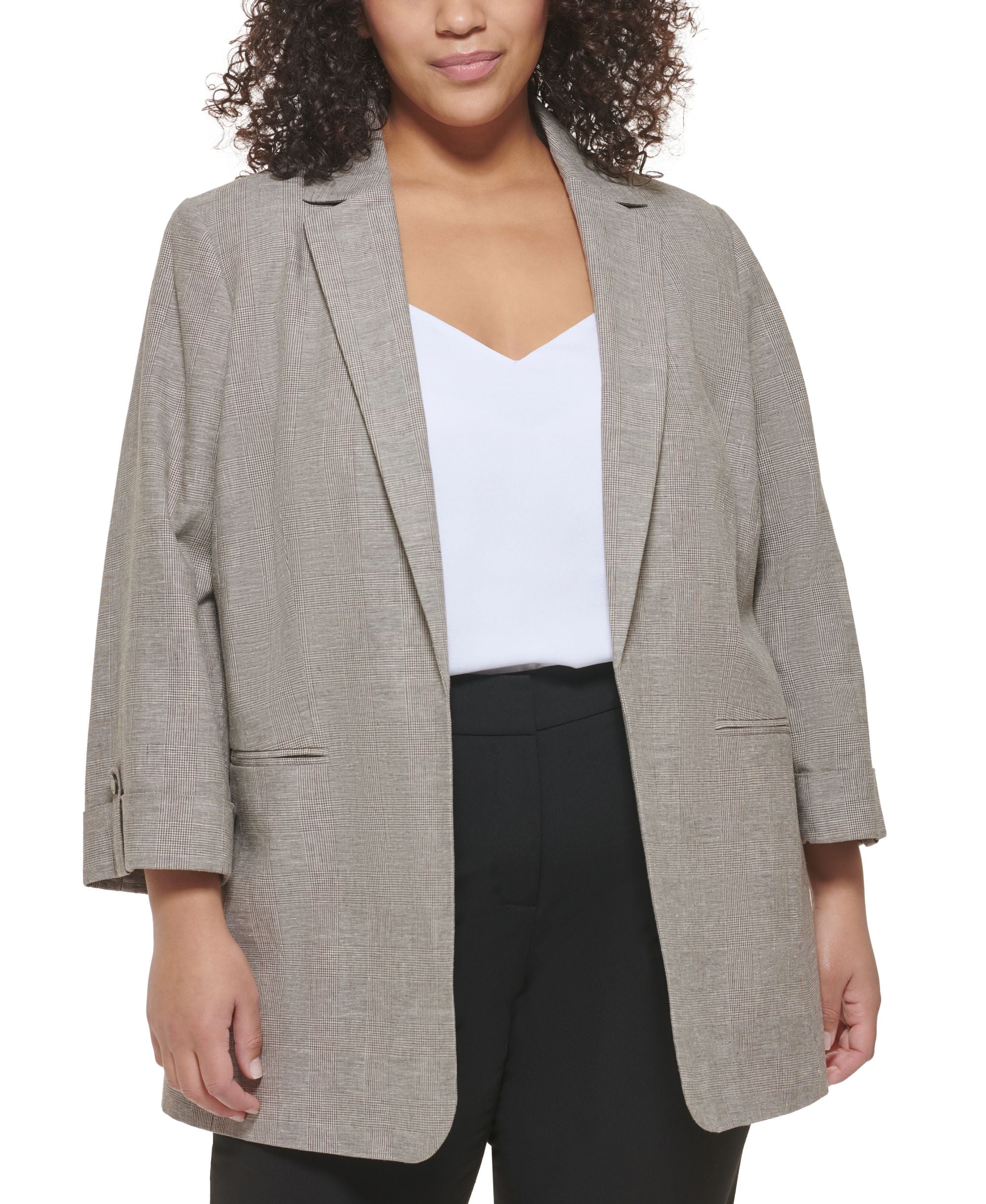 Calvin Klein Plus Size Linen-Blend Glen Plaid Blazer
