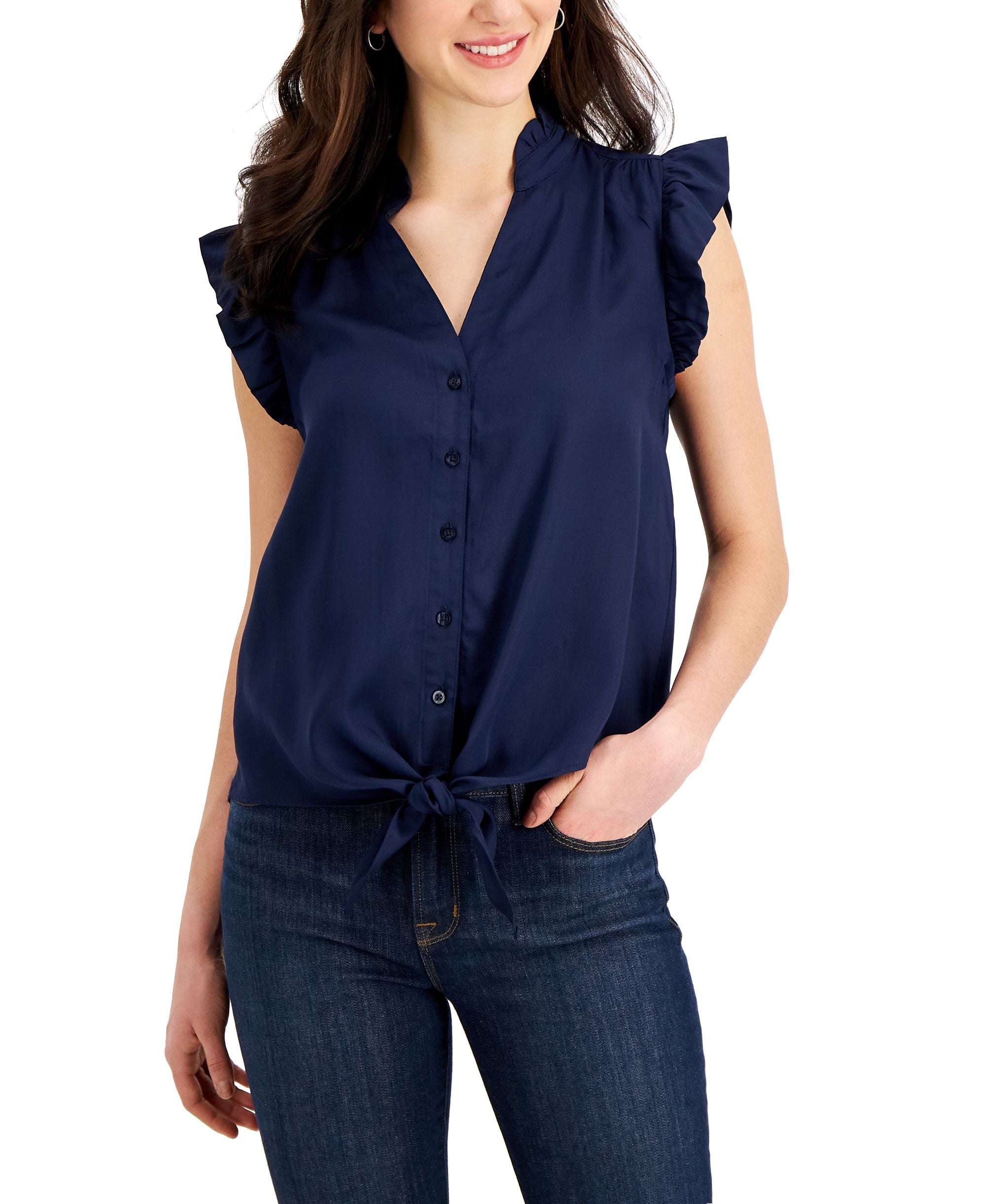 Charter Club Petite Buttoned Tie Premium Top