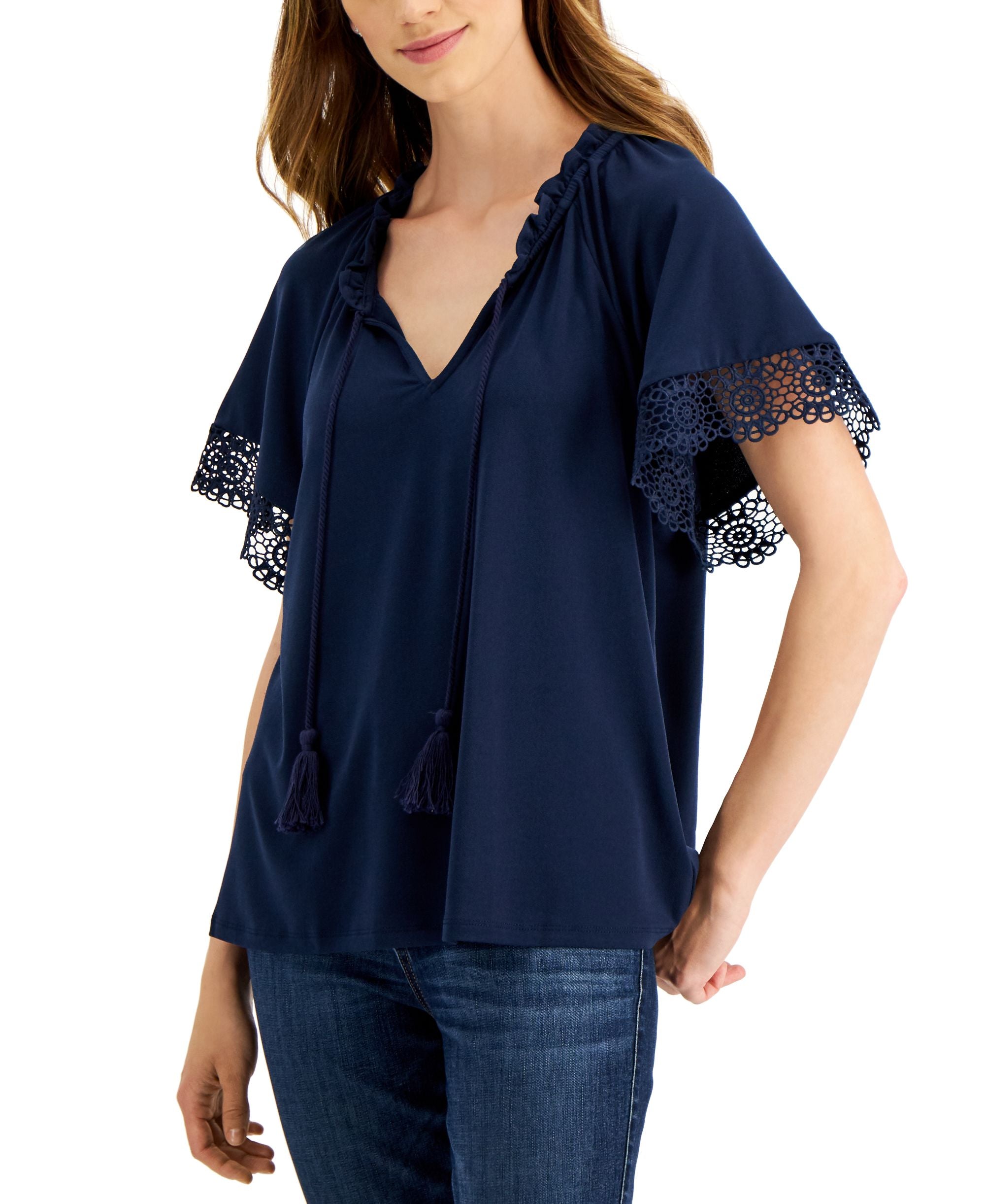 Charter Club Womens Tie Neck Eyelet Trim Premium Top