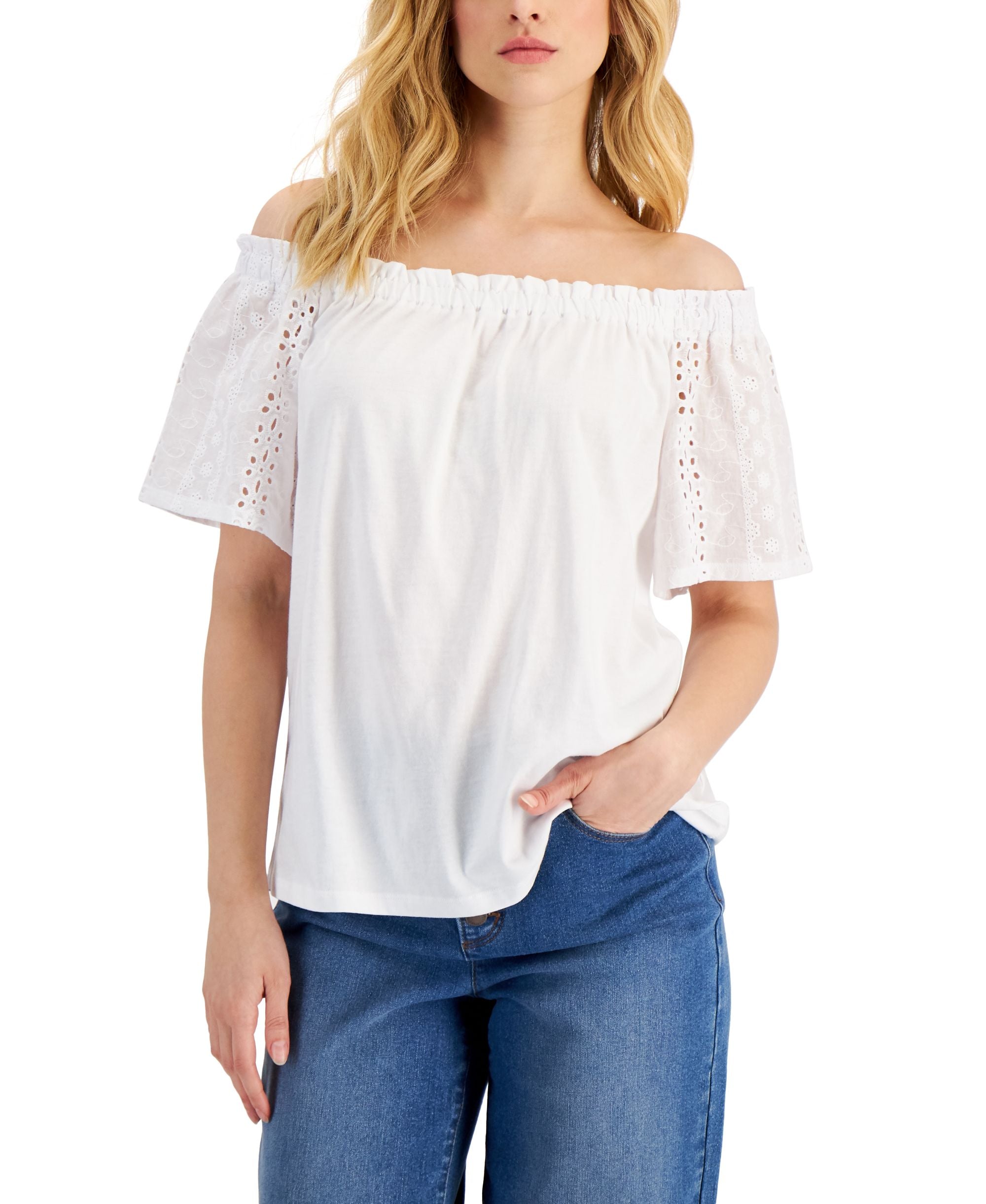 Charter Club Womens Eyelet-Sleeve Off-The-Shoulder Premium Top
