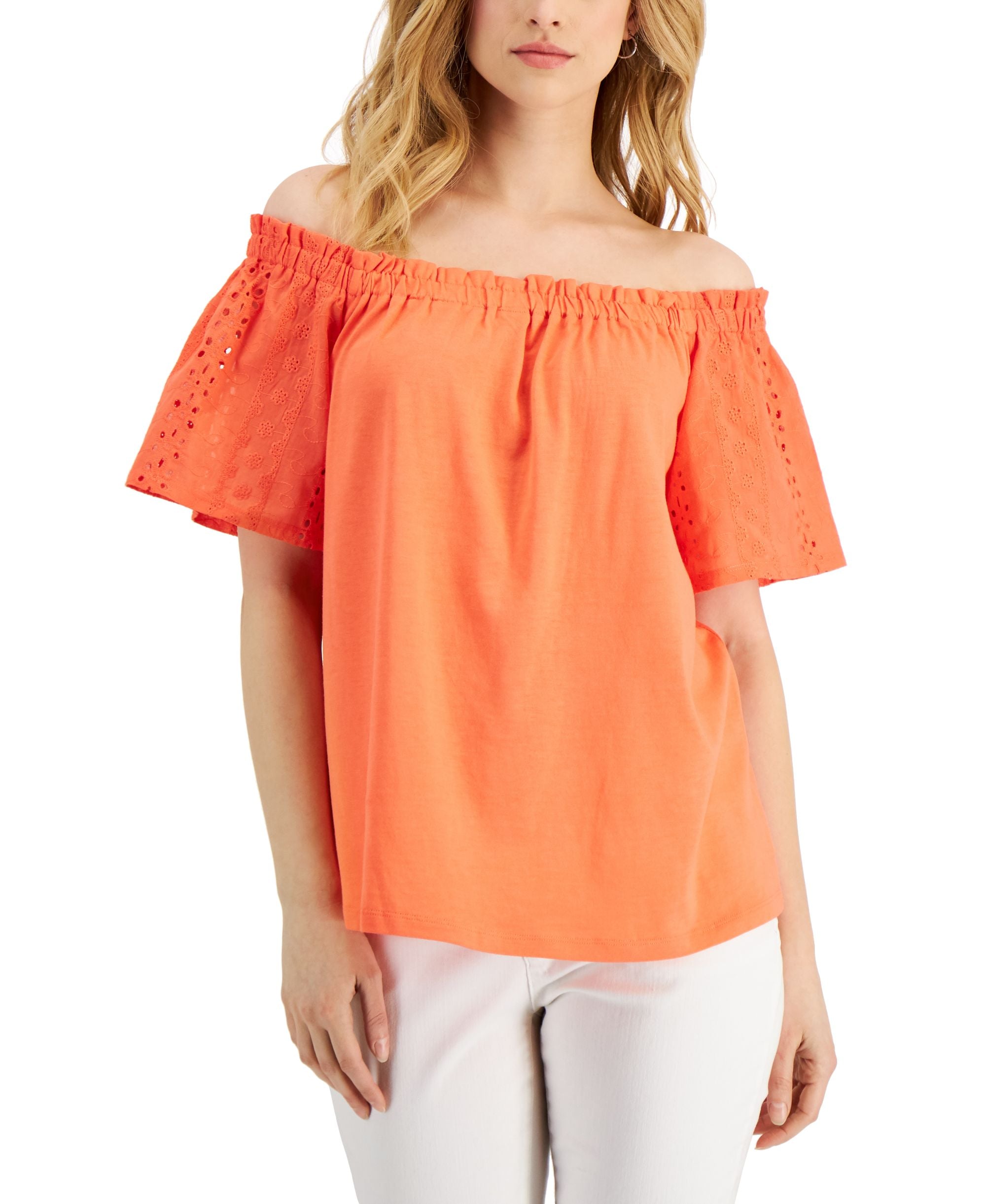 Charter Club Womens Eyelet-Sleeve Off-The-Shoulder Premium Top