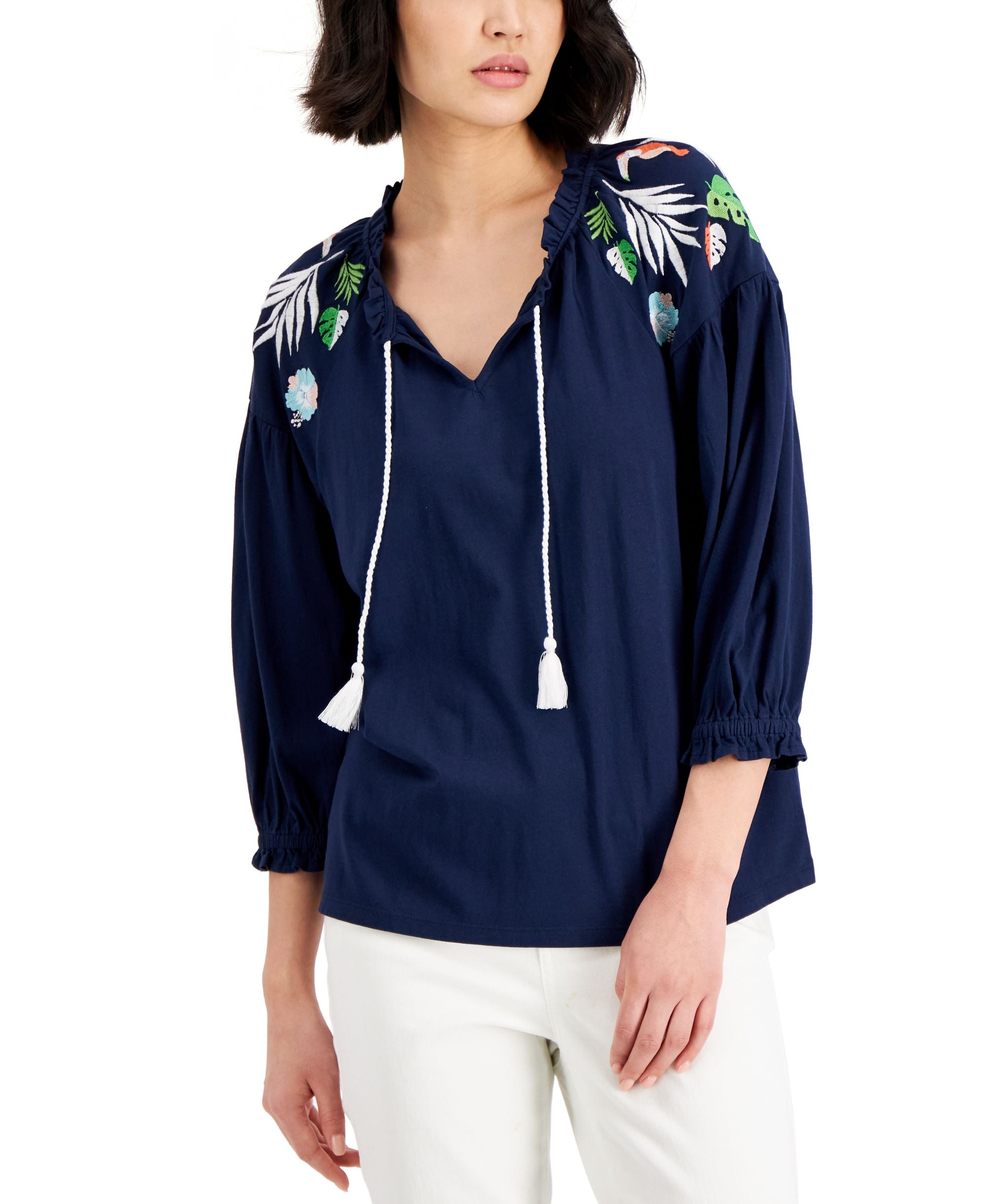 Charter Club Womens Embroidered Peasant Premium Top