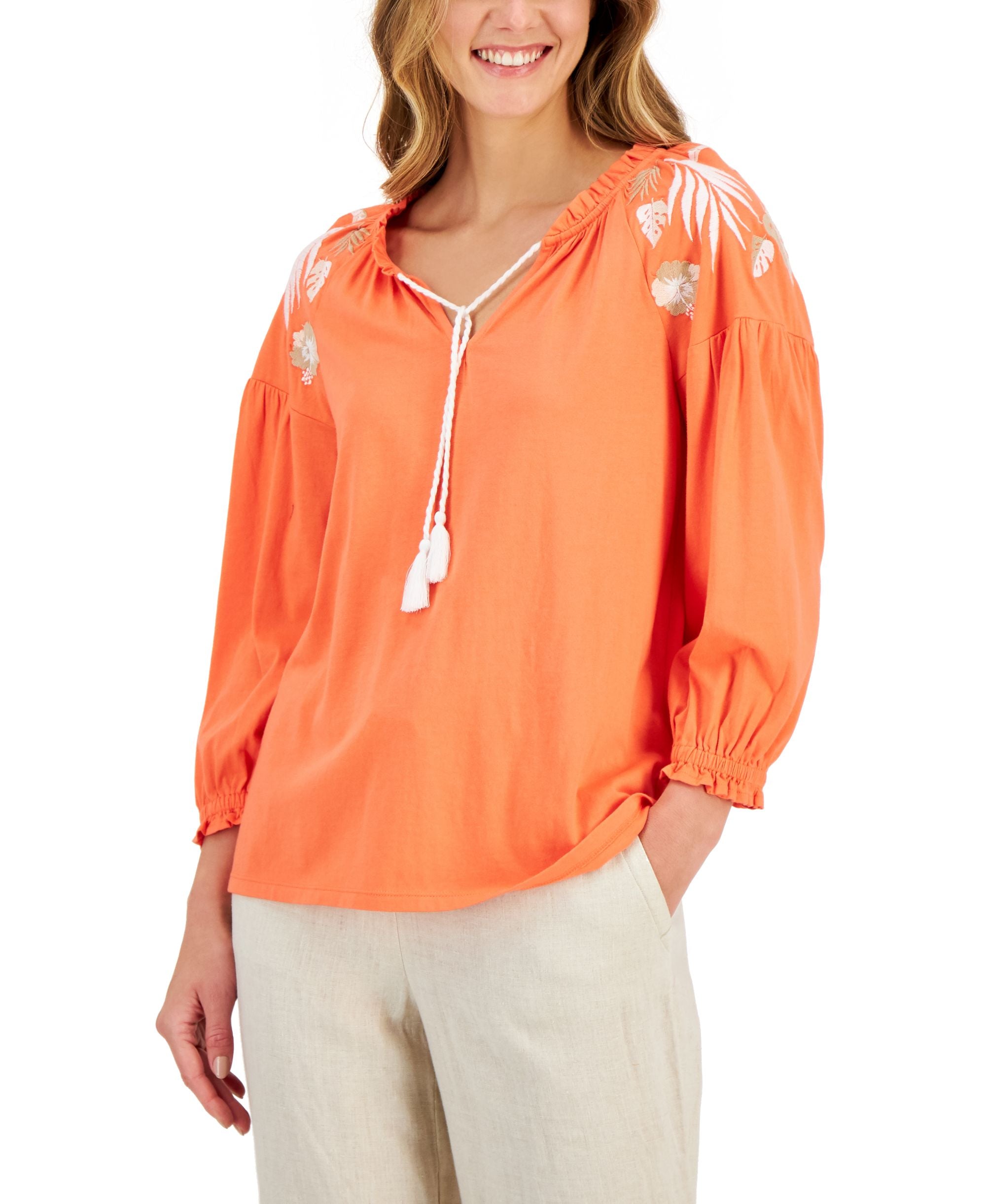Charter Club Womens Embroidered Peasant Premium Top