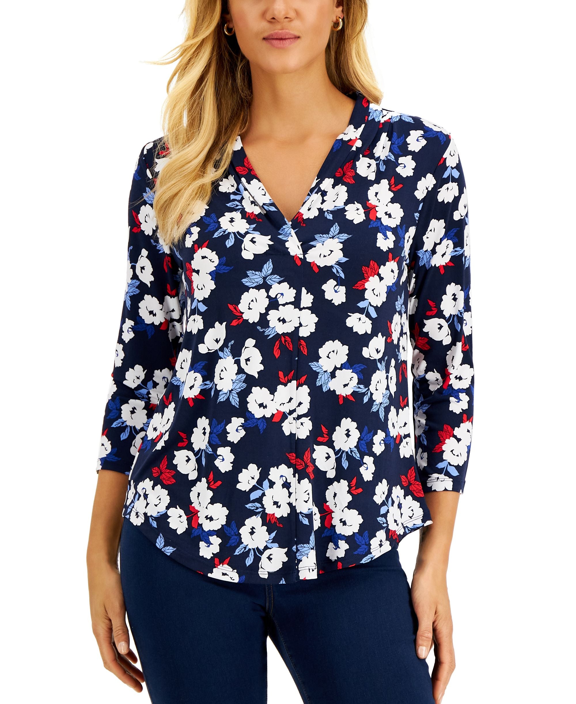 Charter Club Womens 3/4 Sleeve Floral Print Premium Top