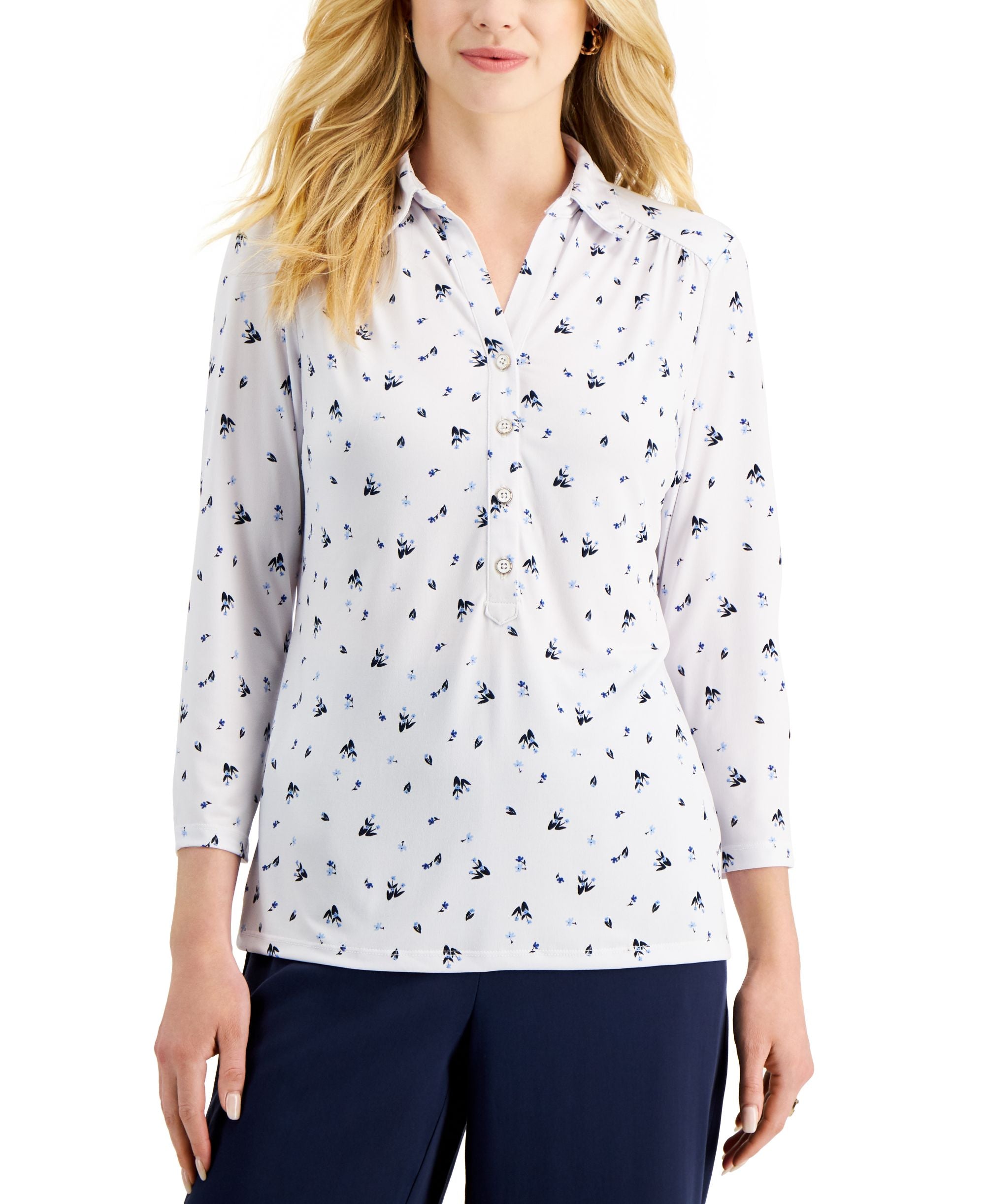 Charter Club Womens Printed 3/4 Sleeve Polo Premium Top