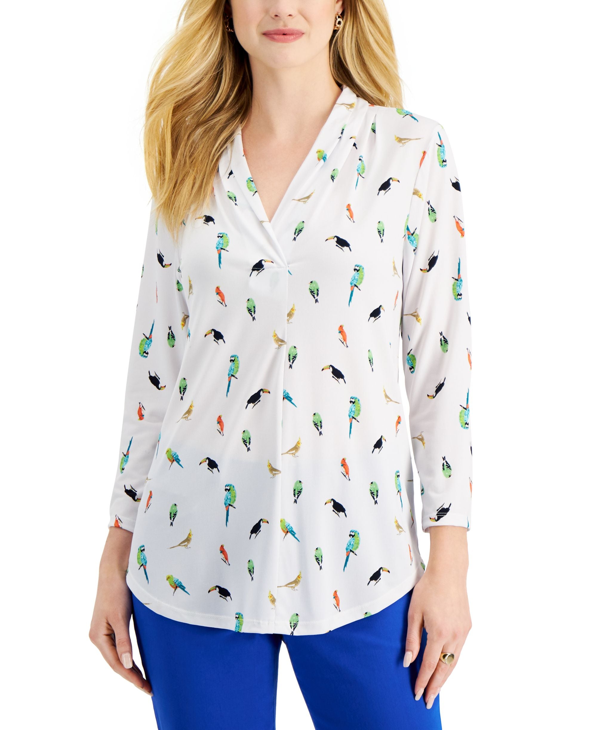 Charter Club Womens Printed Pleat Neck Premium Top