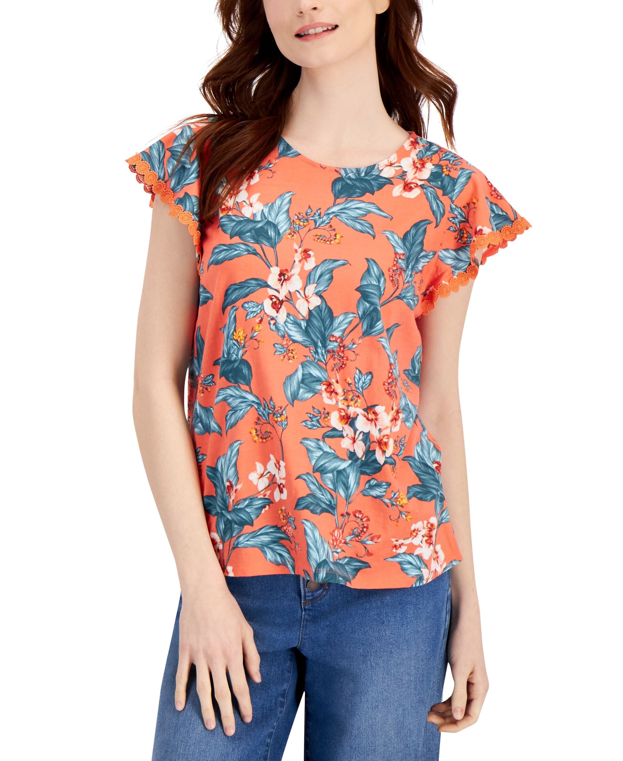 Charter Club Petite Tropical Print Flutter-Sleeve Premium Top