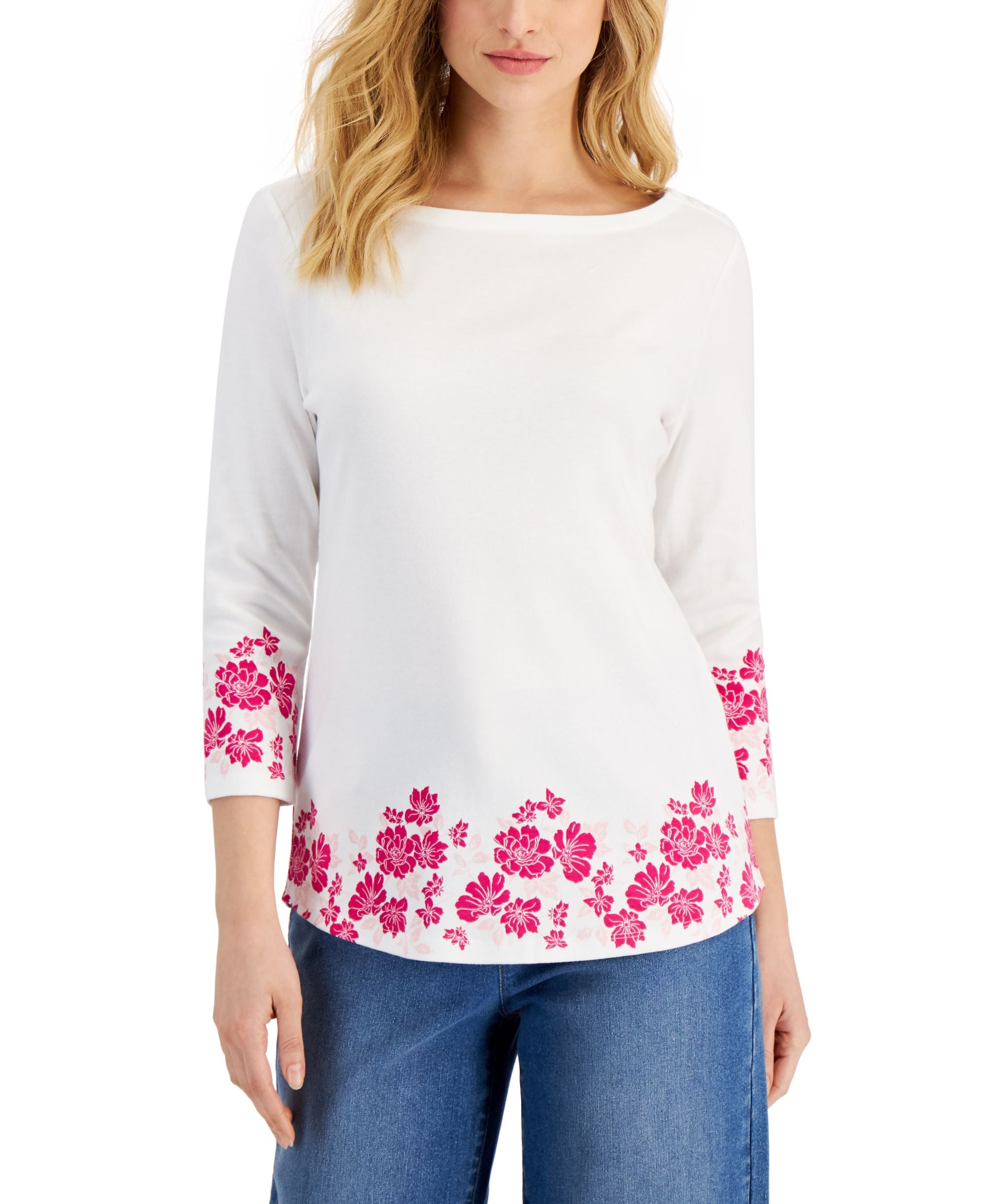 Charter Club Womens 3/4 Sleeve Border Boat Neck Premium Top