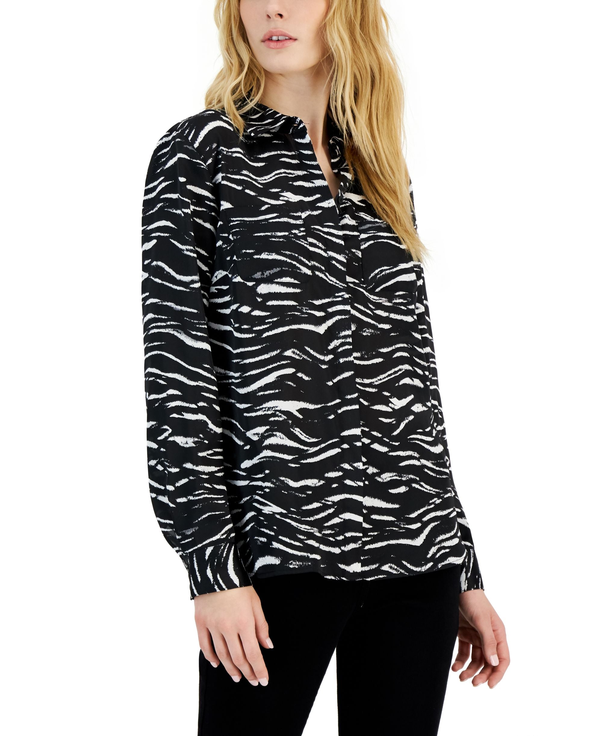 INC International Concepts Womens Printed Button-Front Pocket Detail Premium Top