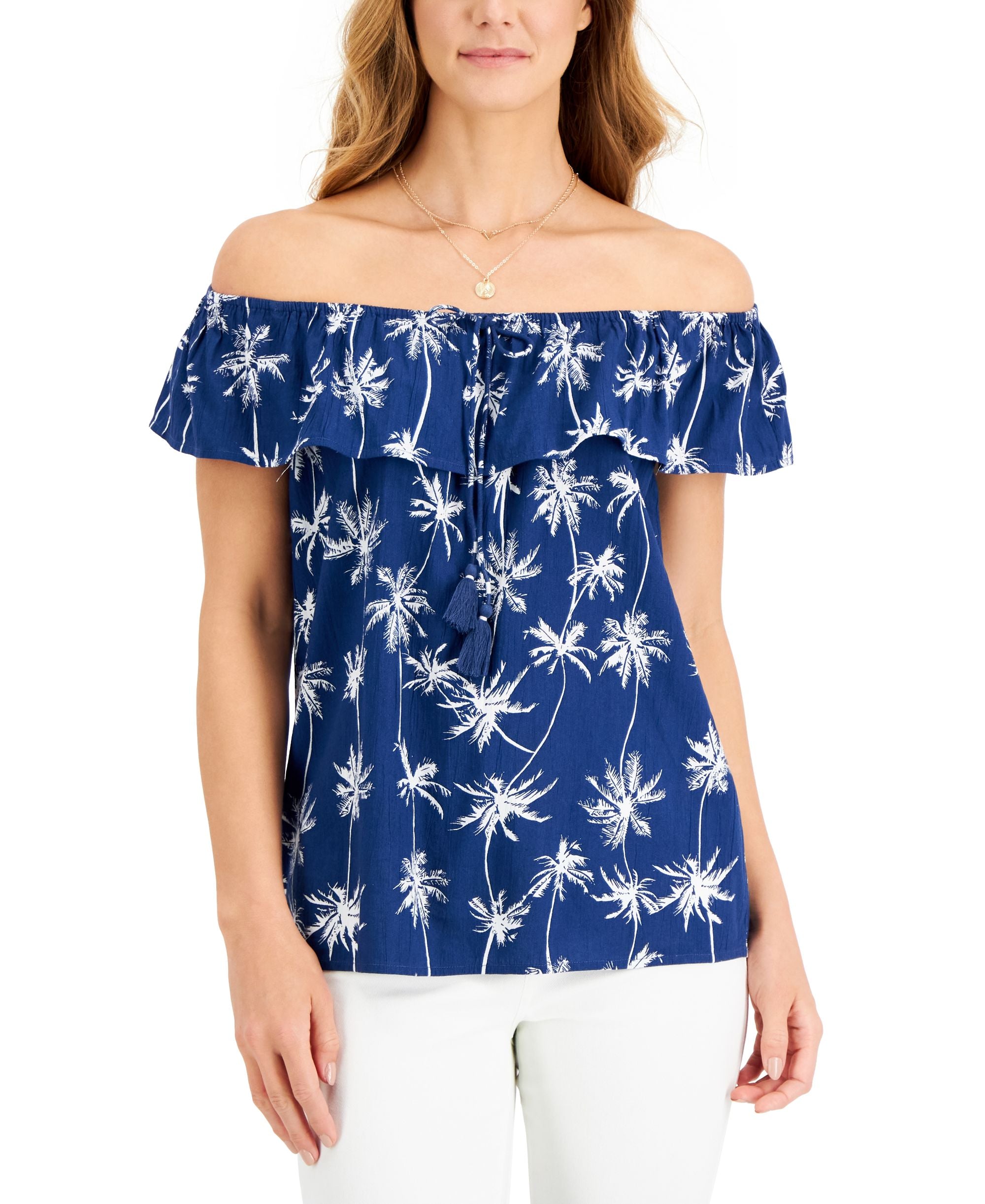 Style & Co Womens Printed Off The Shoulder Premium Top