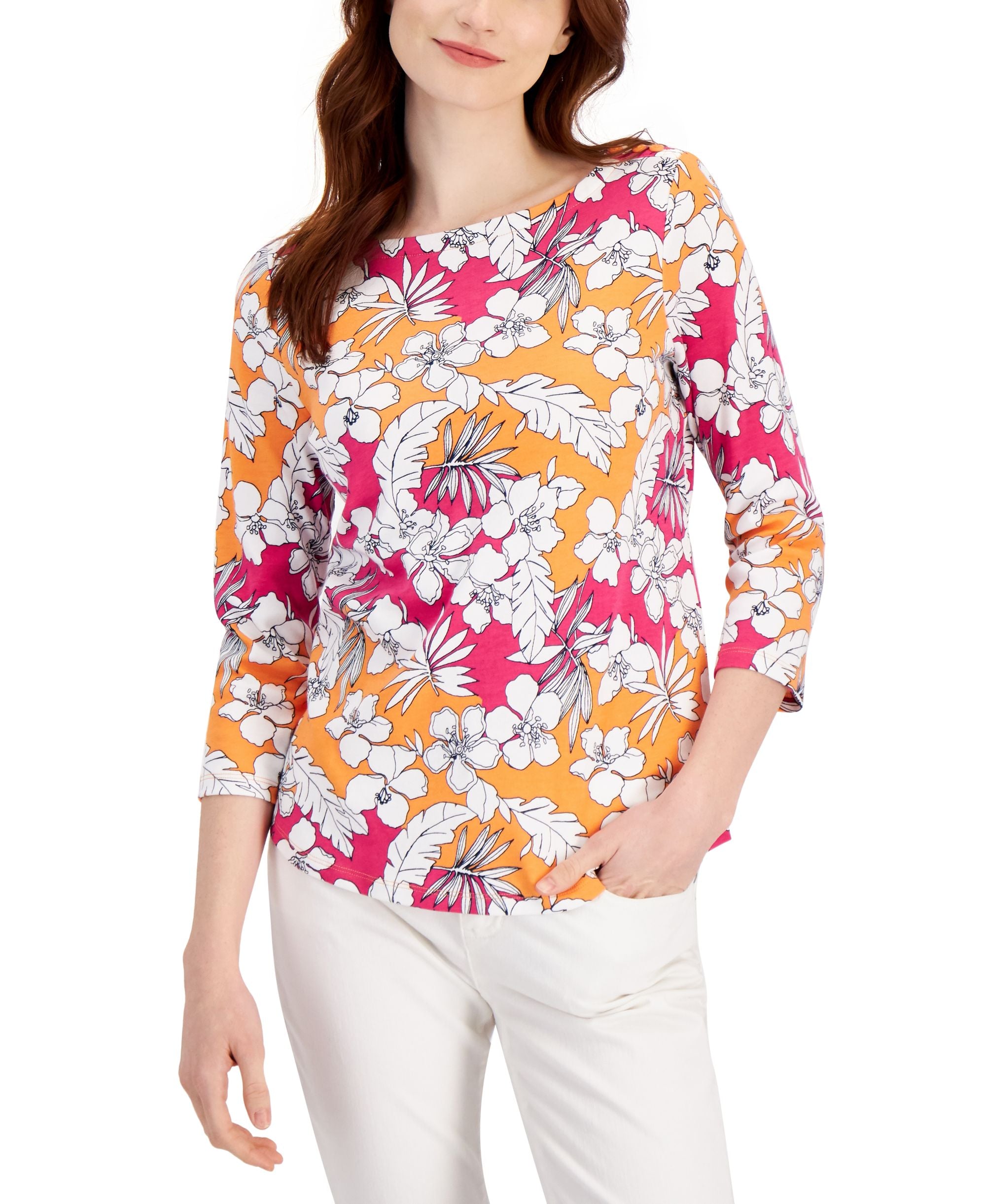 Charter Club Womens 3/4 Sleeve Tropical Print Premium Top