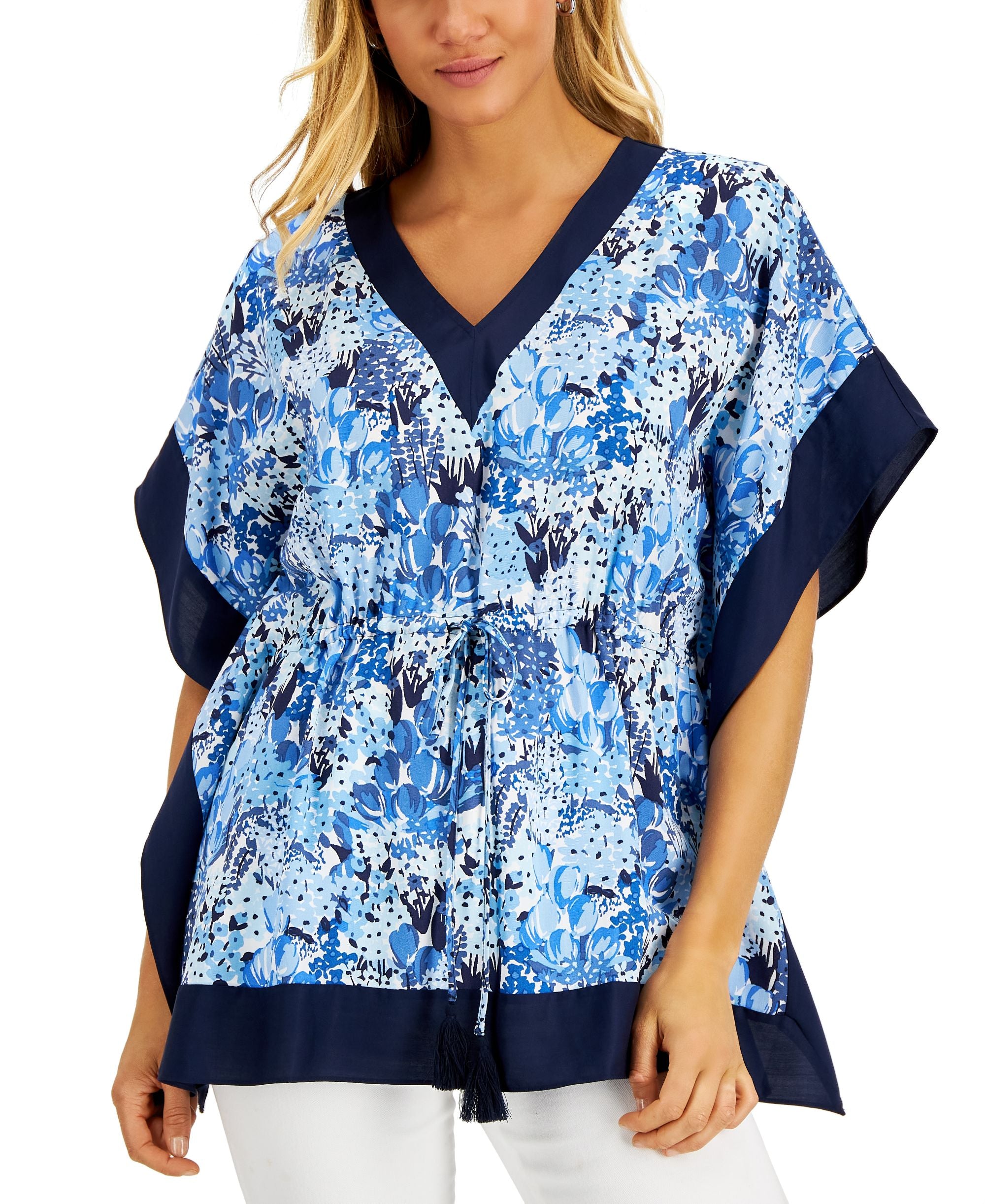 Charter Club Womens Cinch Waist Printed Poncho Premium Top