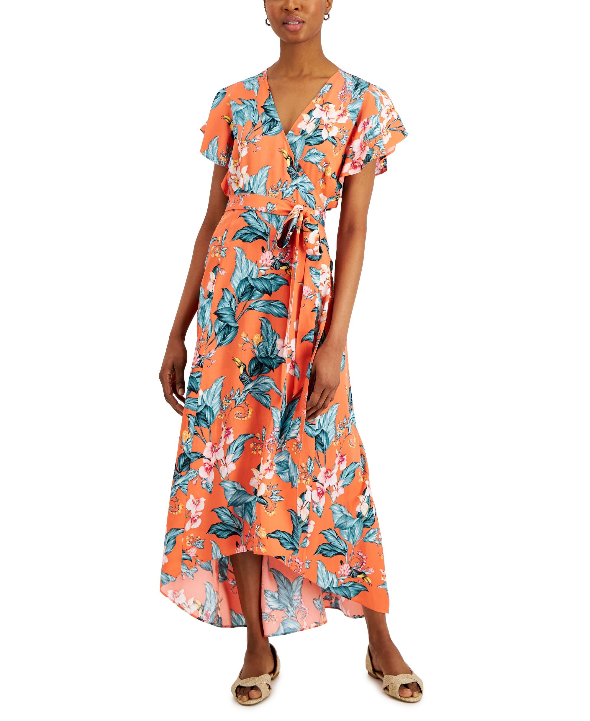Charter Club Womens Floral Print Tie-Waist Midi Dress