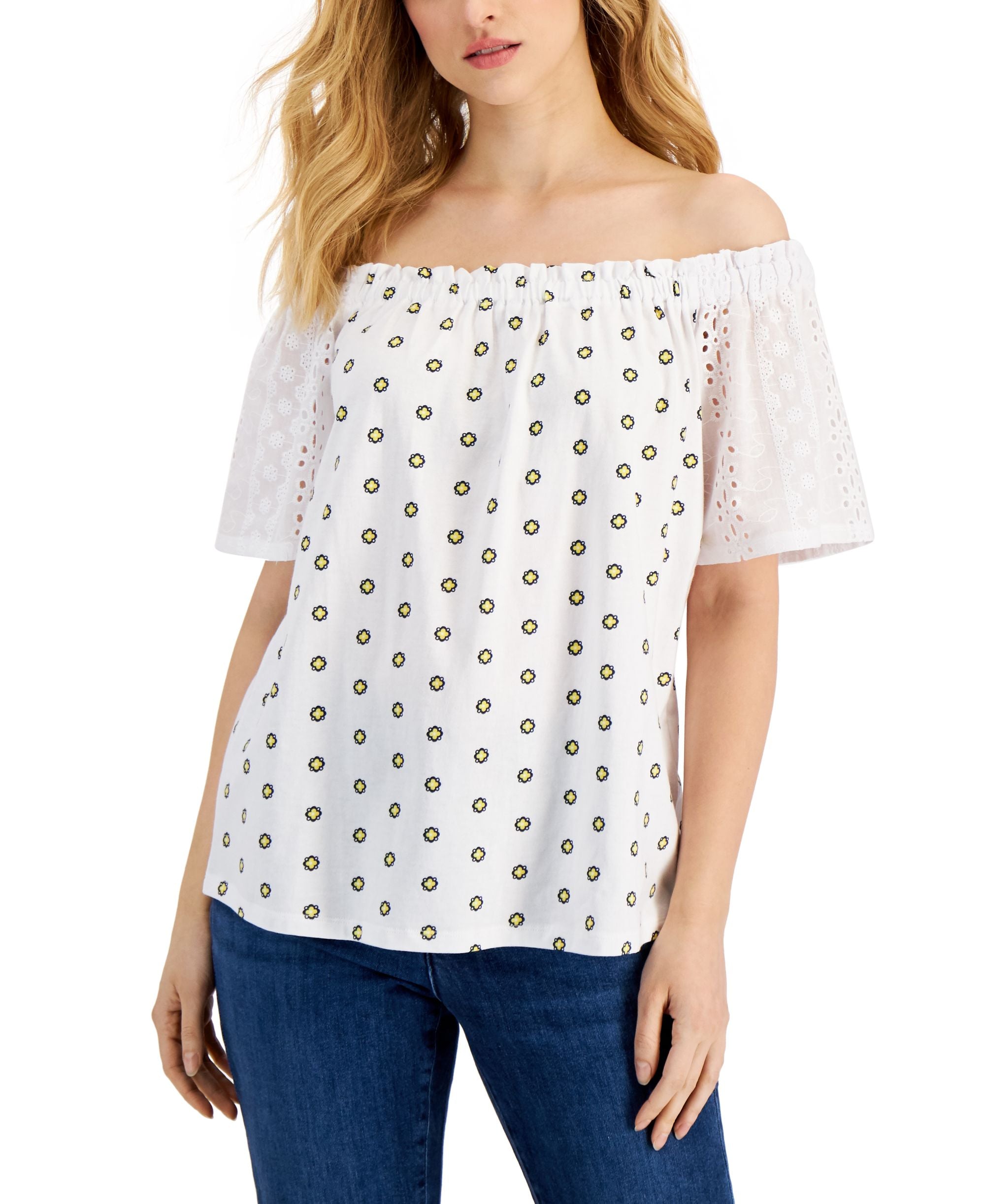 Charter Club Petite Floral Print Off The Shoulder Premium Top