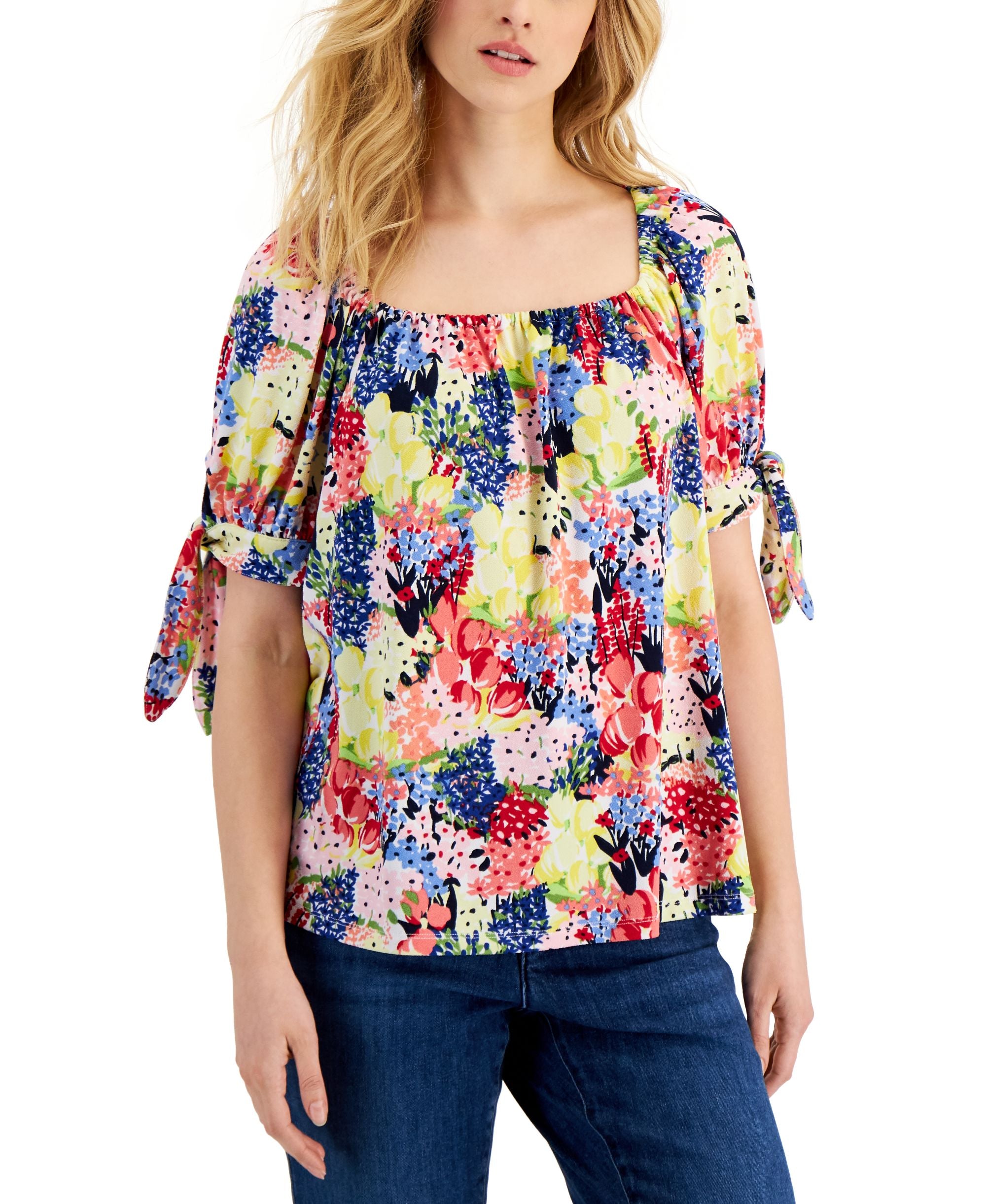 Charter Club Petite Blooming Meadow Tie-Sleeve Premium Top