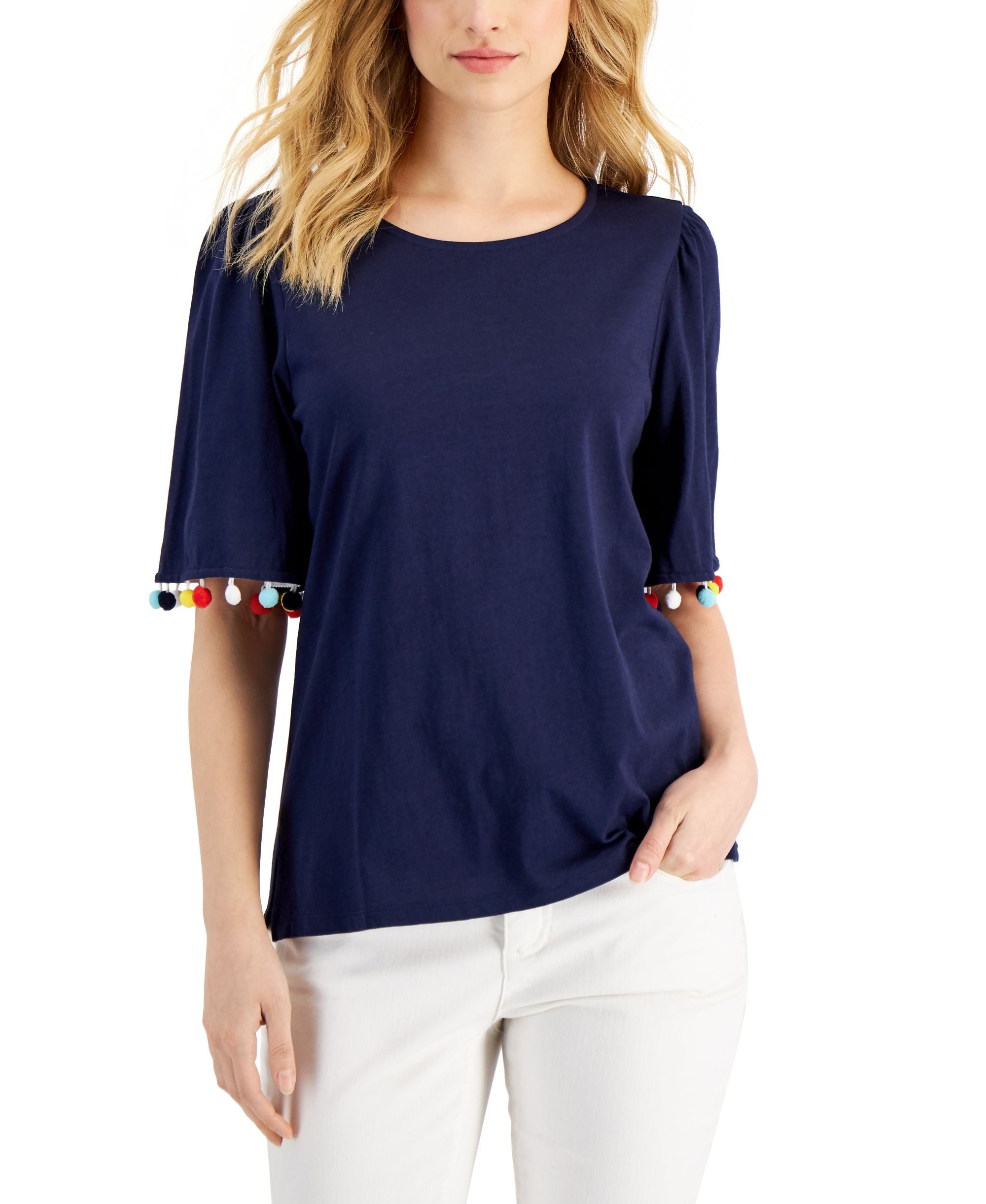 Charter Club Womens Pom-Pom Sleeve Premium Top