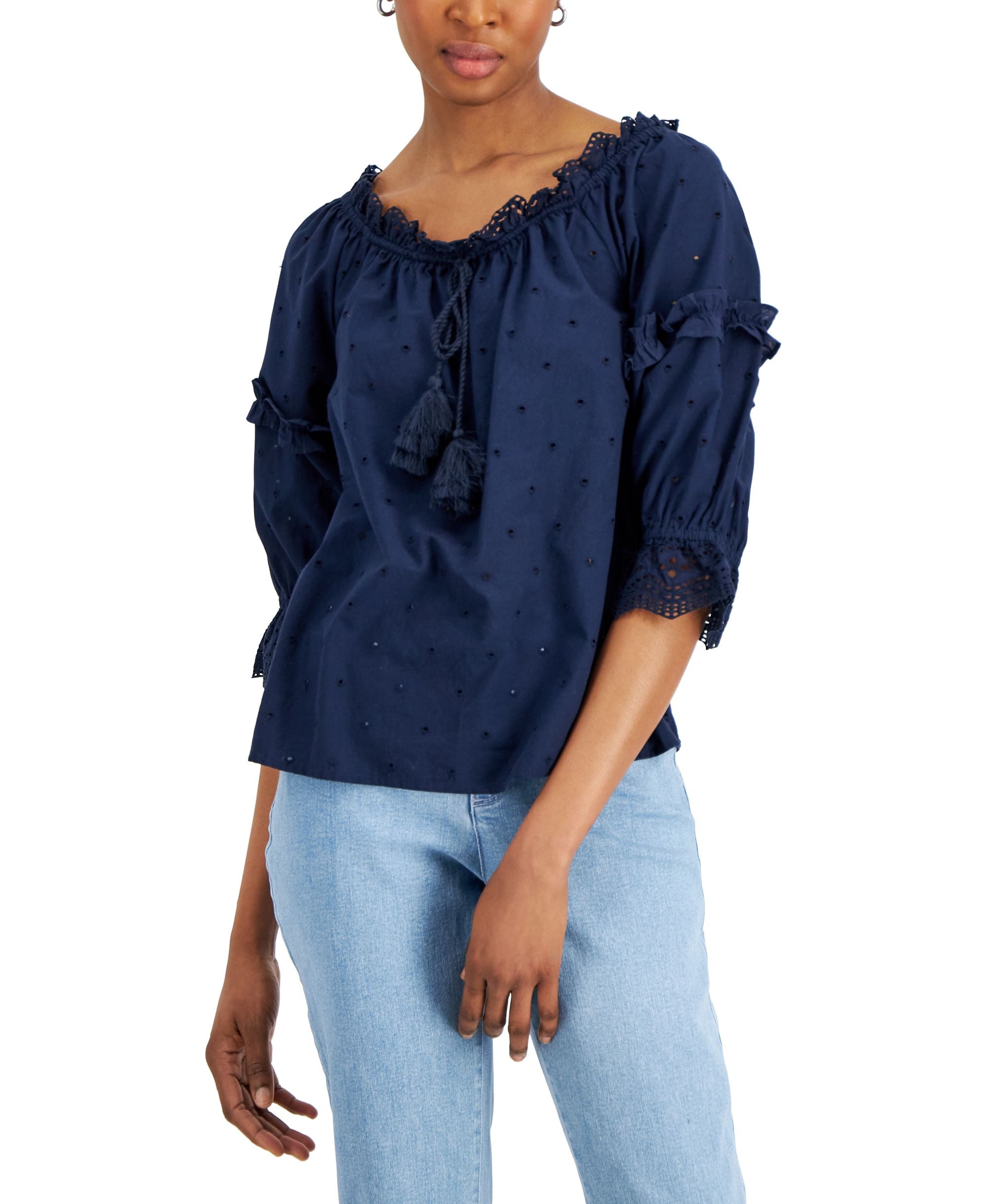 Charter Club Womens Woven Eyelet Off-The-Shoulder Premium Top