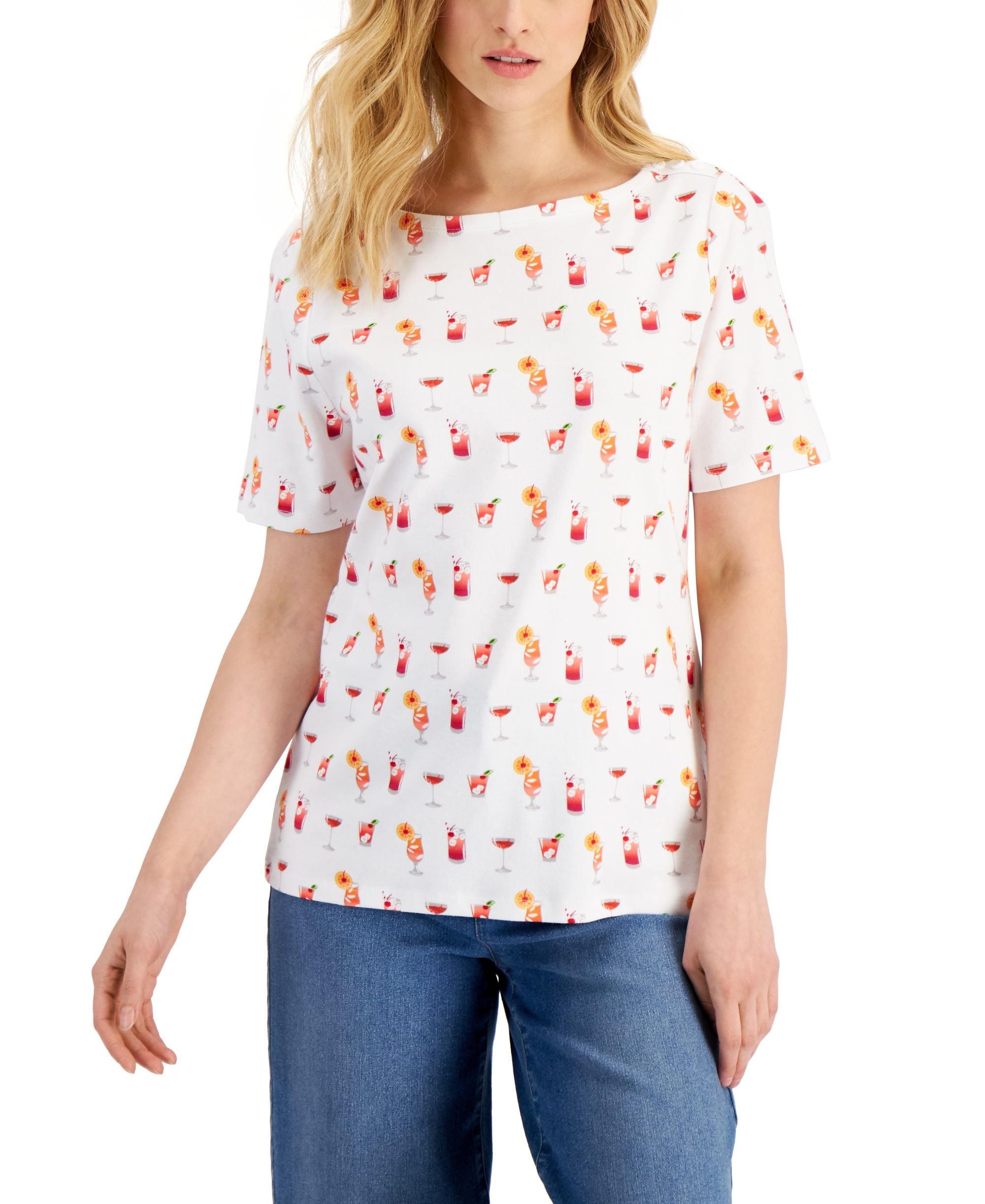 Charter Club Womens Boat Neckline Short-Sleeve Cotton Printed Premium Top