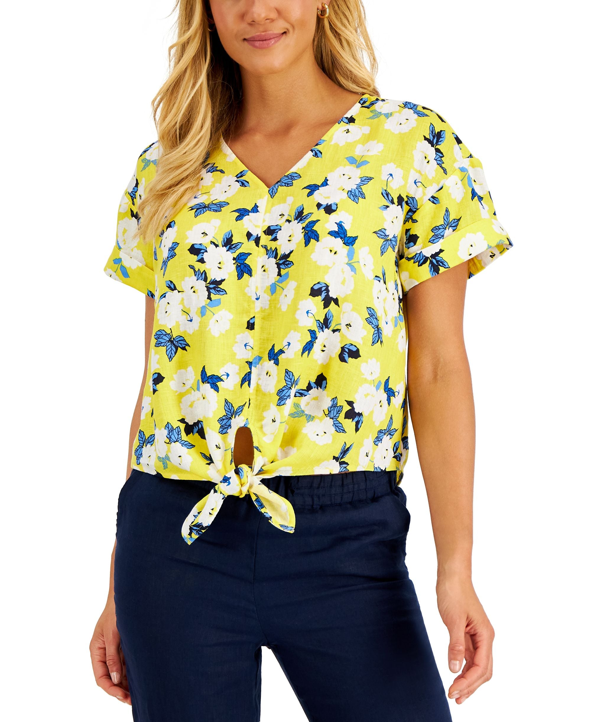 Charter Club Womens Linen-Blend Printed Tie Front Premium Top