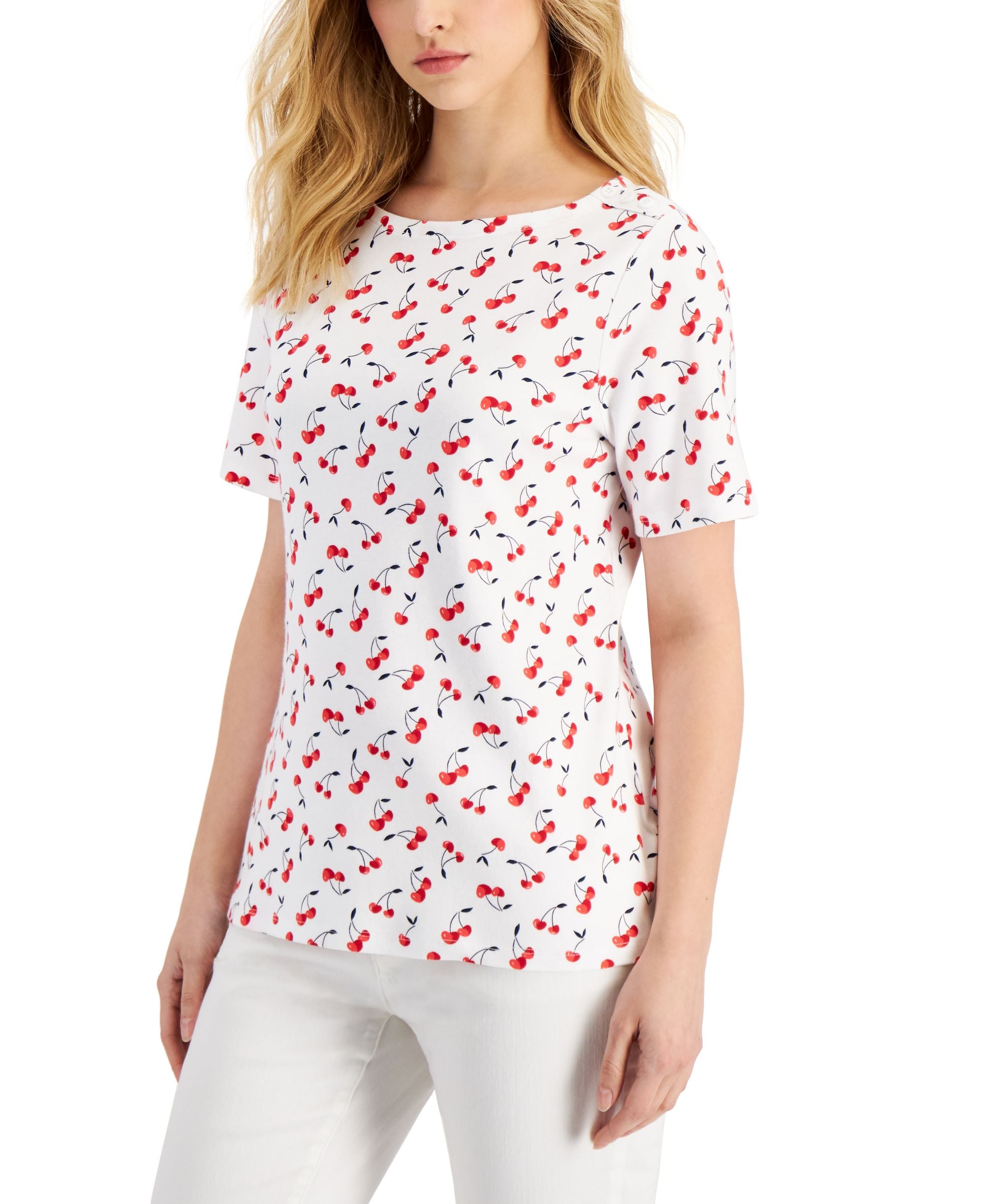 Charter Club Petite Cotton Cherry Print T-Modern Shirt
