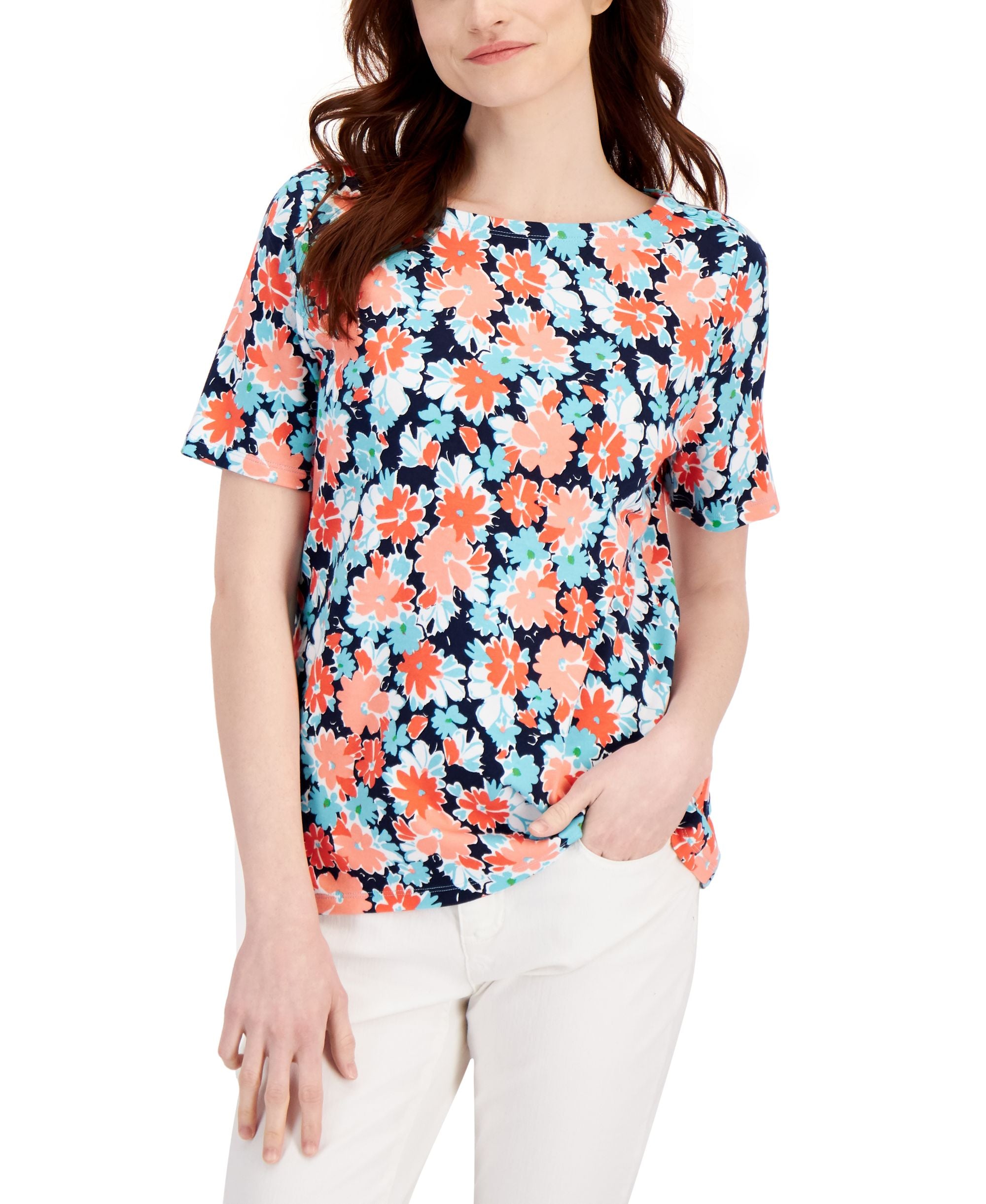 Charter Club Womens Cotton Floral Print Premium Top