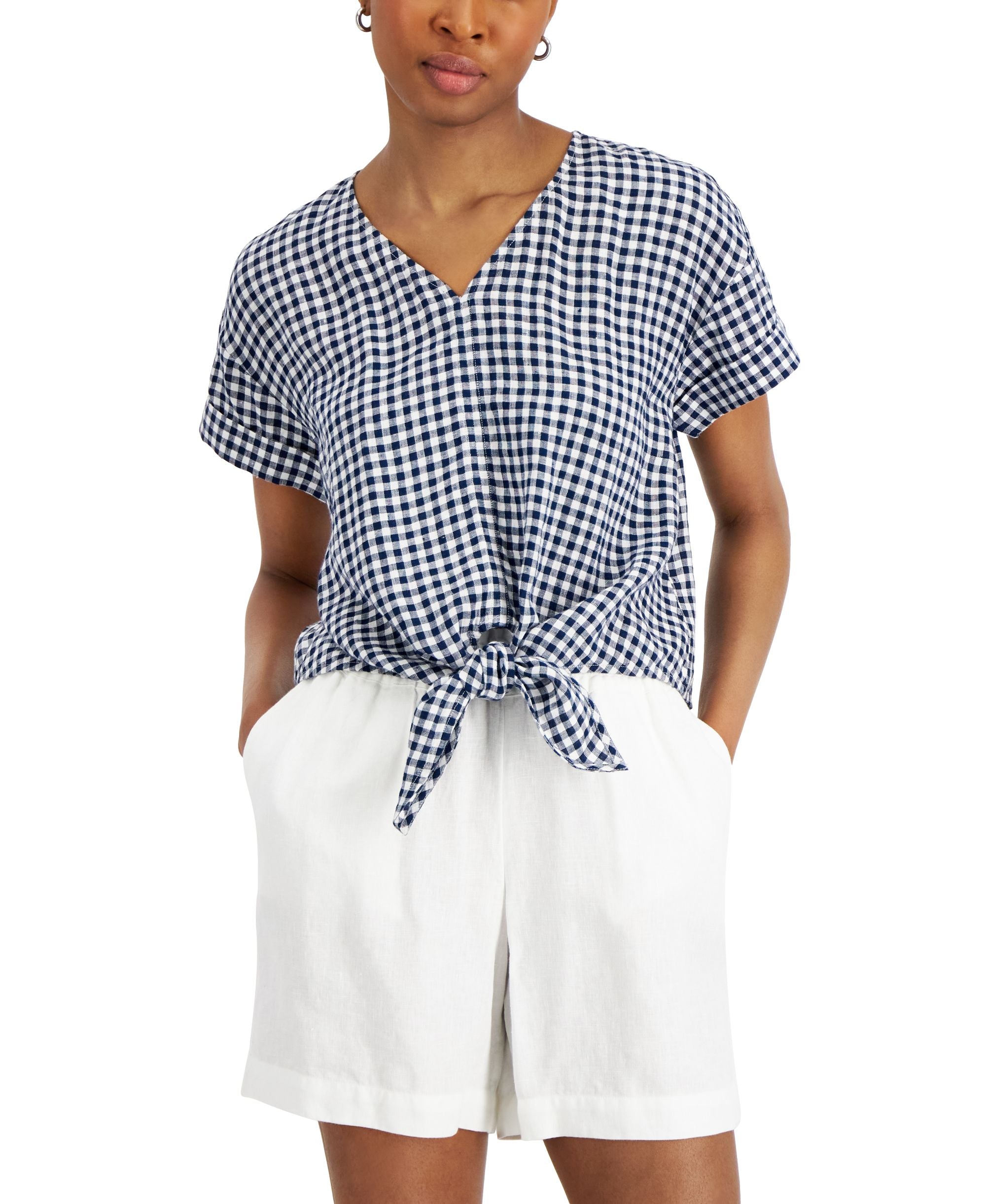 Charter Club Petite Plaid Tie-Waist Linen-Blend Premium Top