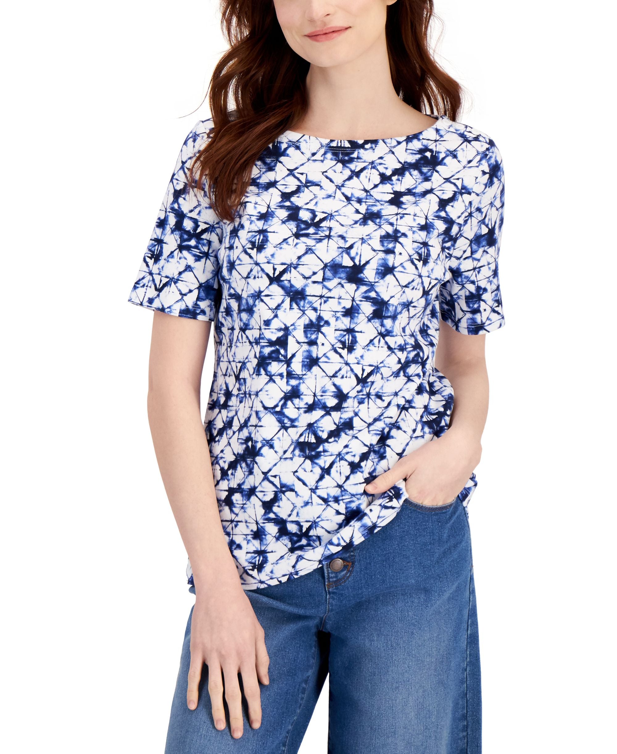Charter Club Petite Cotton Everyday Dye-Print Boat-Neck Premium Top