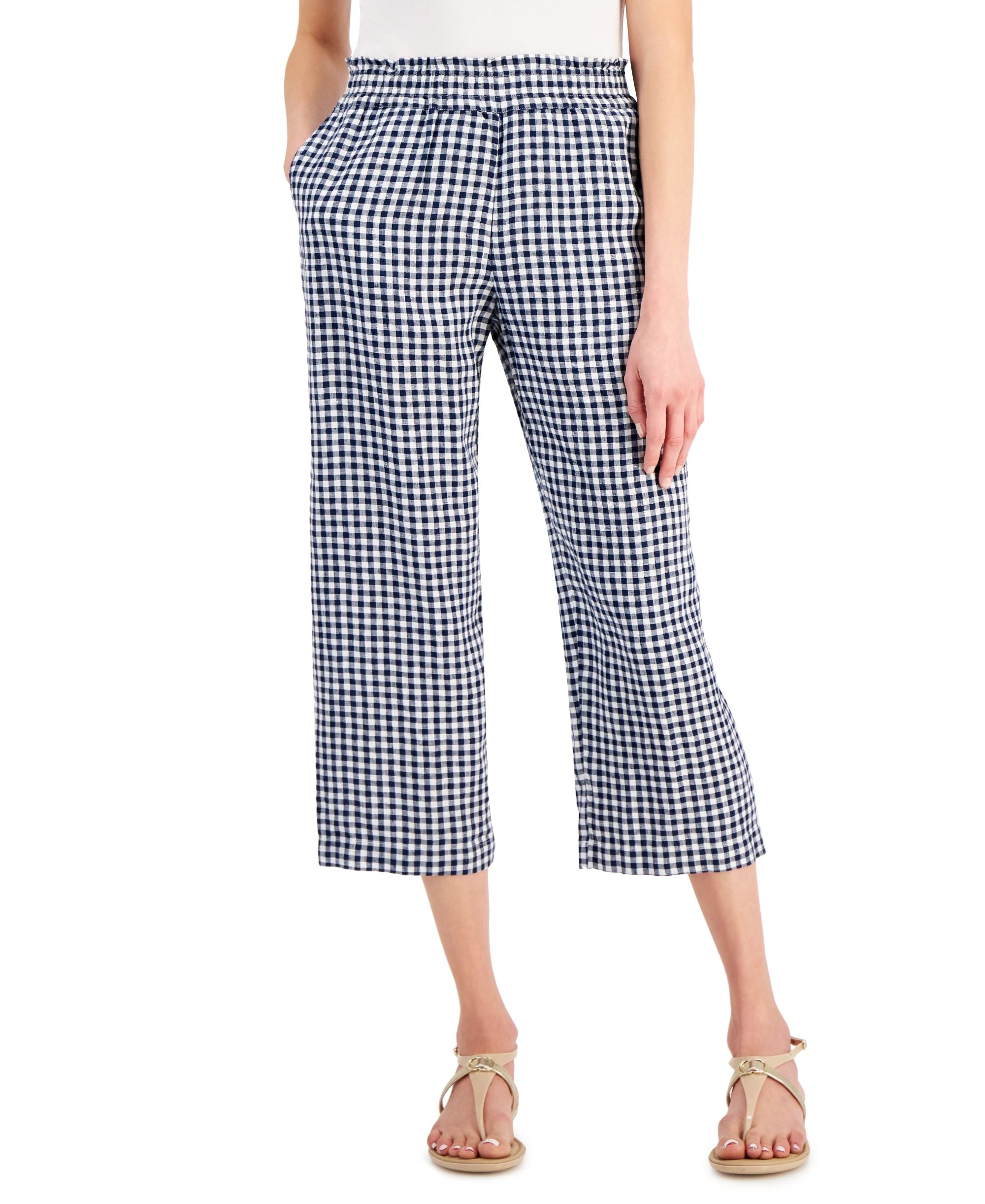 Charter Club Womens Linen-Blend Plaid Comfort-Waist Signature Pants