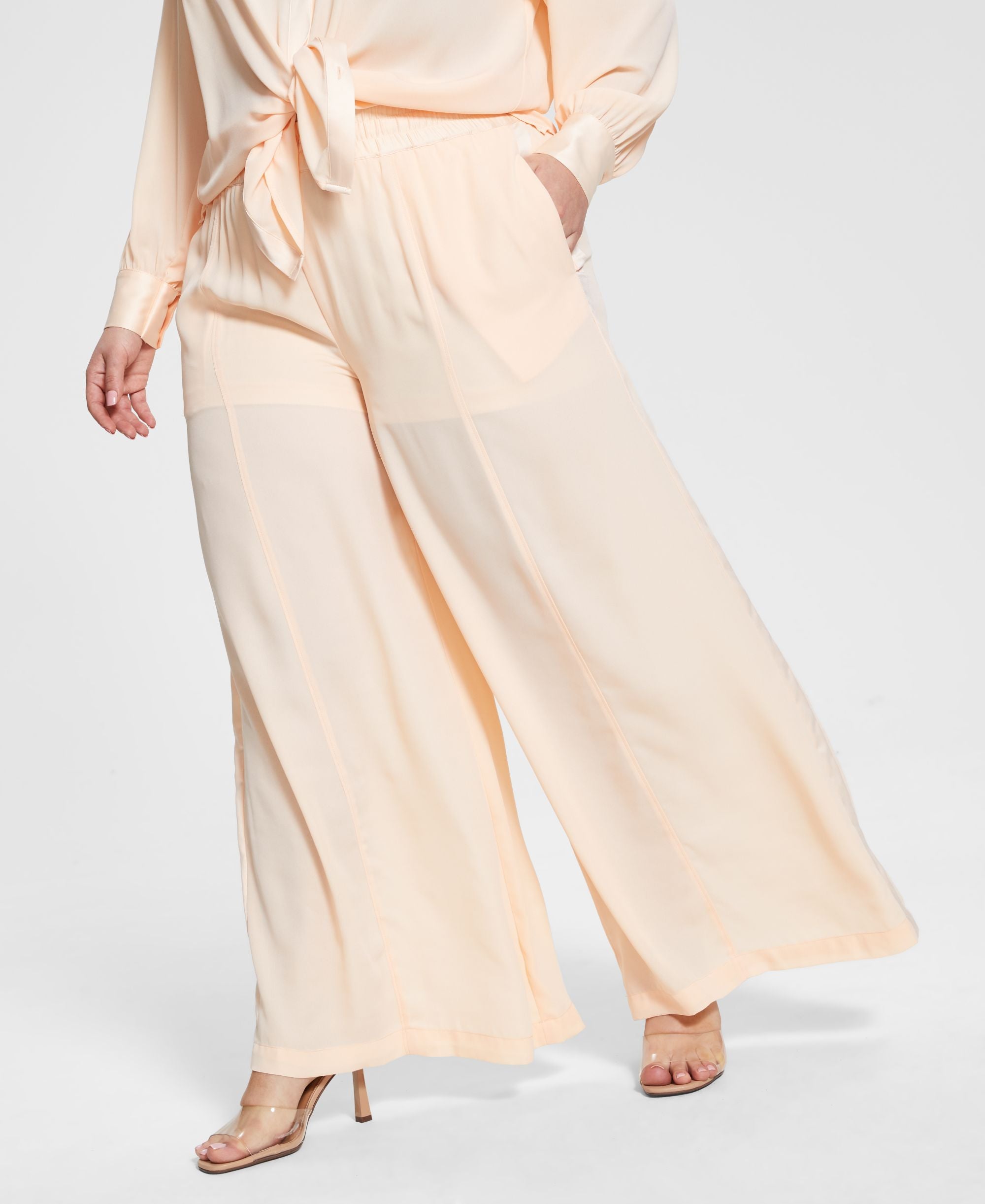 Nina Parker Modern Plus Size Satin Trim Wide-Leg Signature Pants