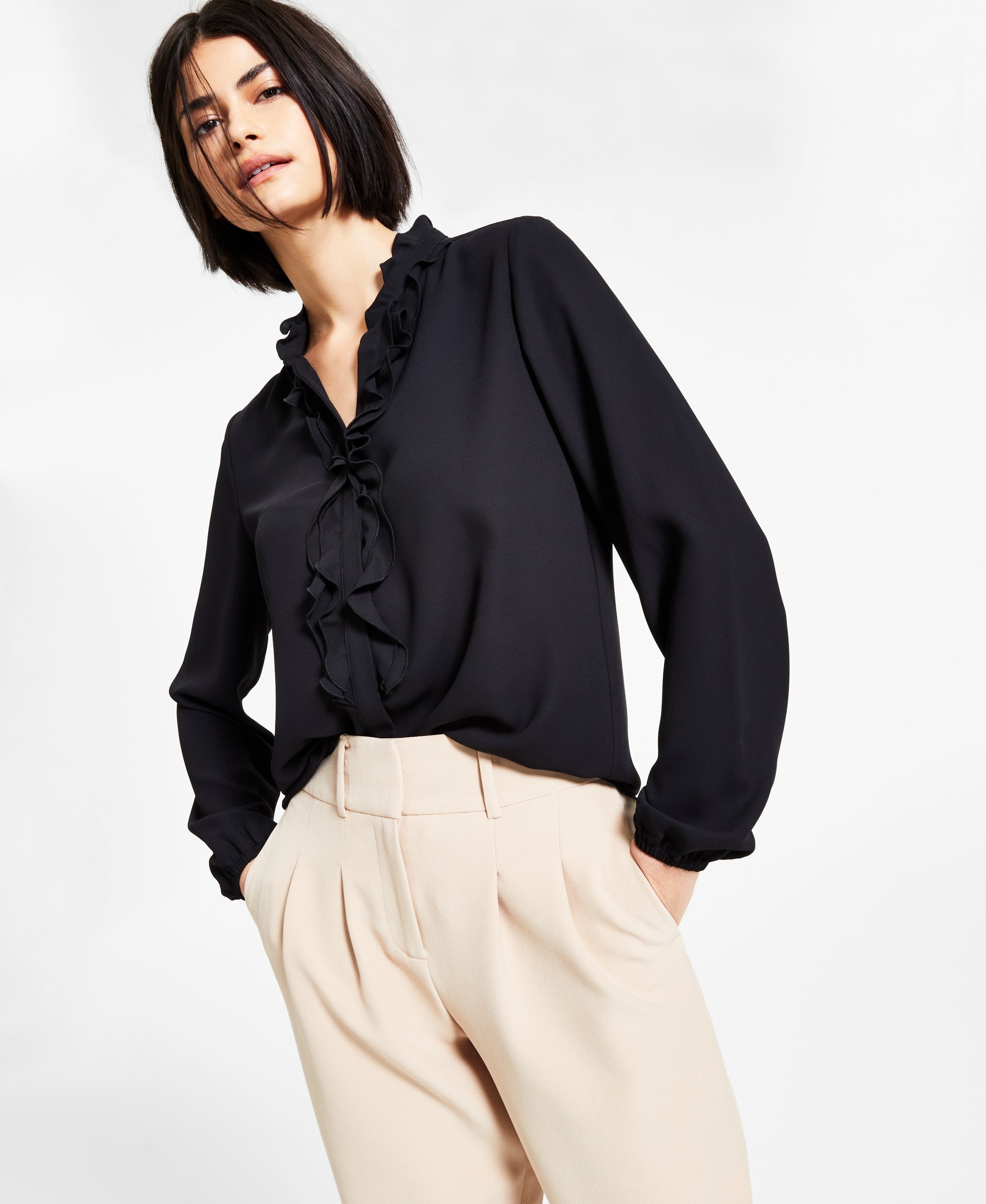 Bar III Womens Long-Sleeve Ruffled Signature Blouse