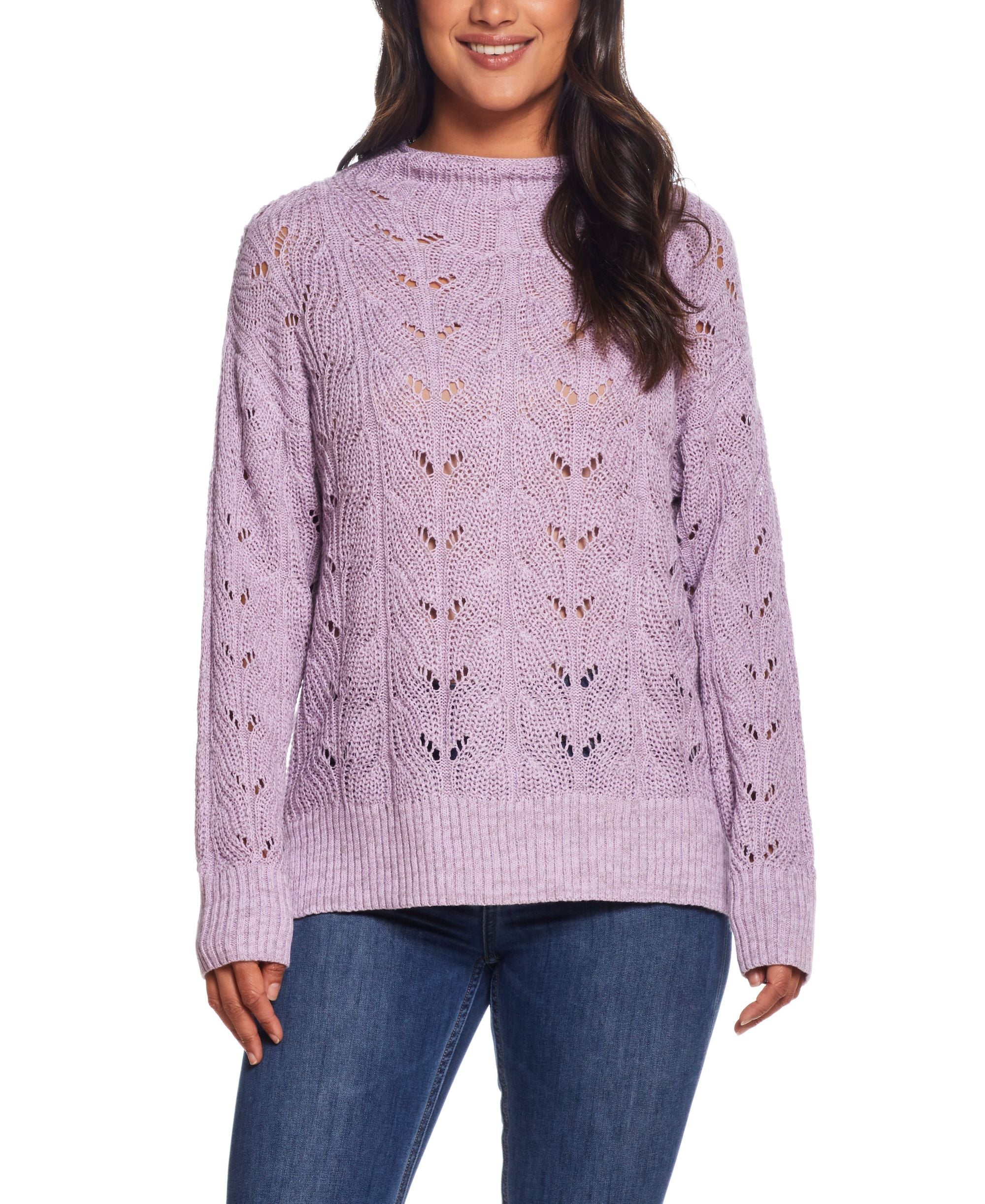 Womens Slub Pointelle Mock Neck Sweater