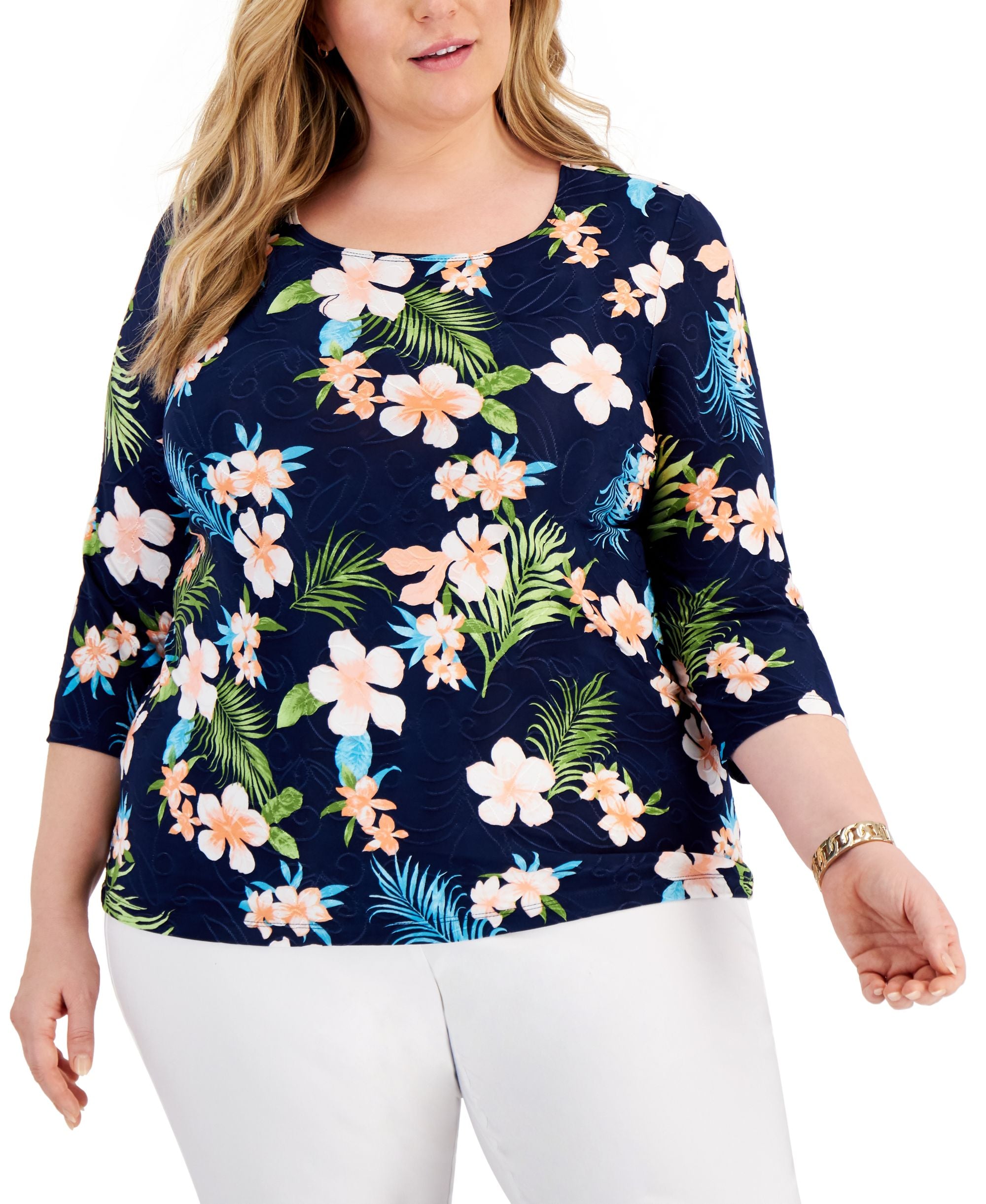 JM Collection Plus Size Floral Jacquard Premium Top