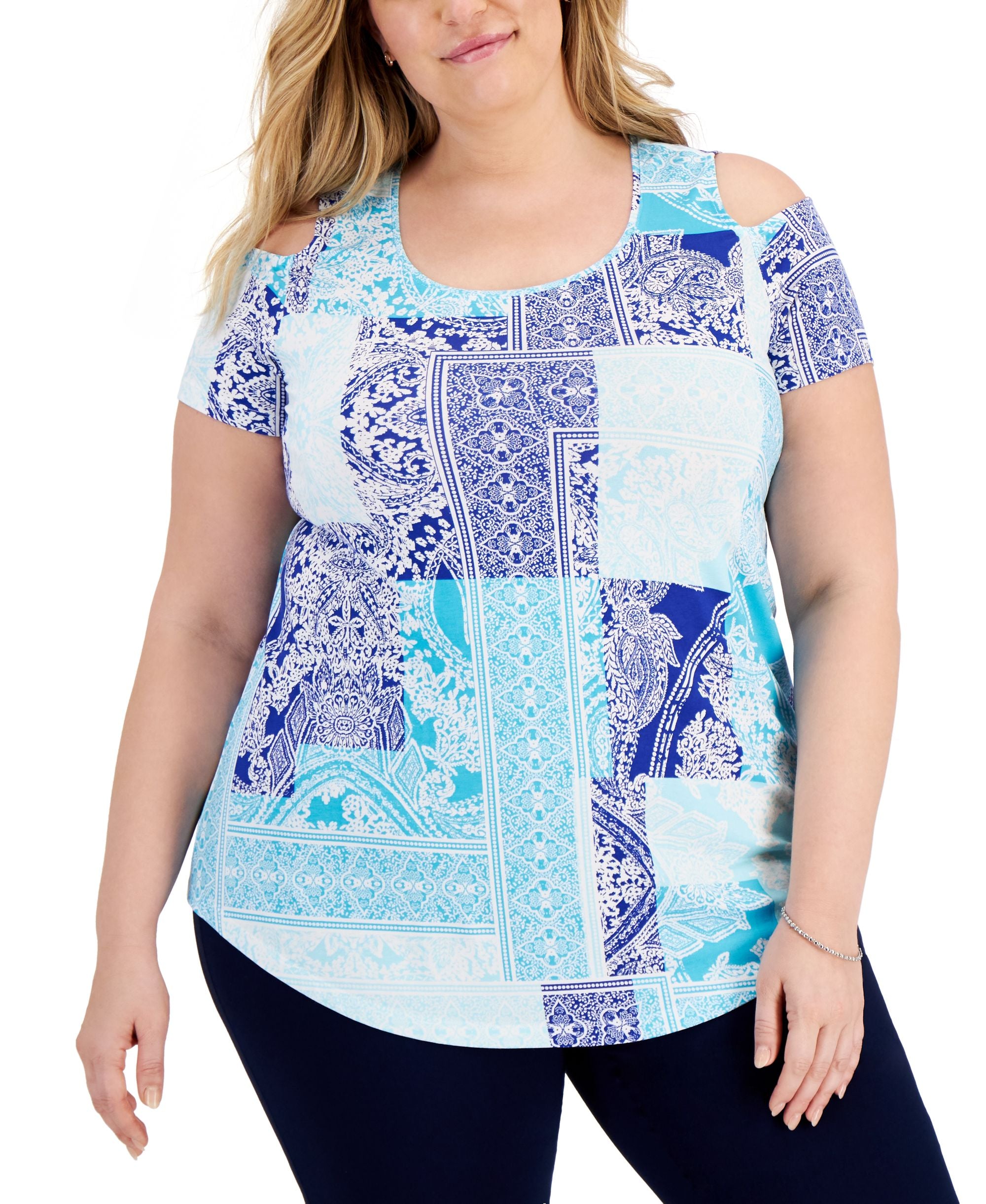 JM Collection Plus Size Printed Cold Shoulder Premium Top